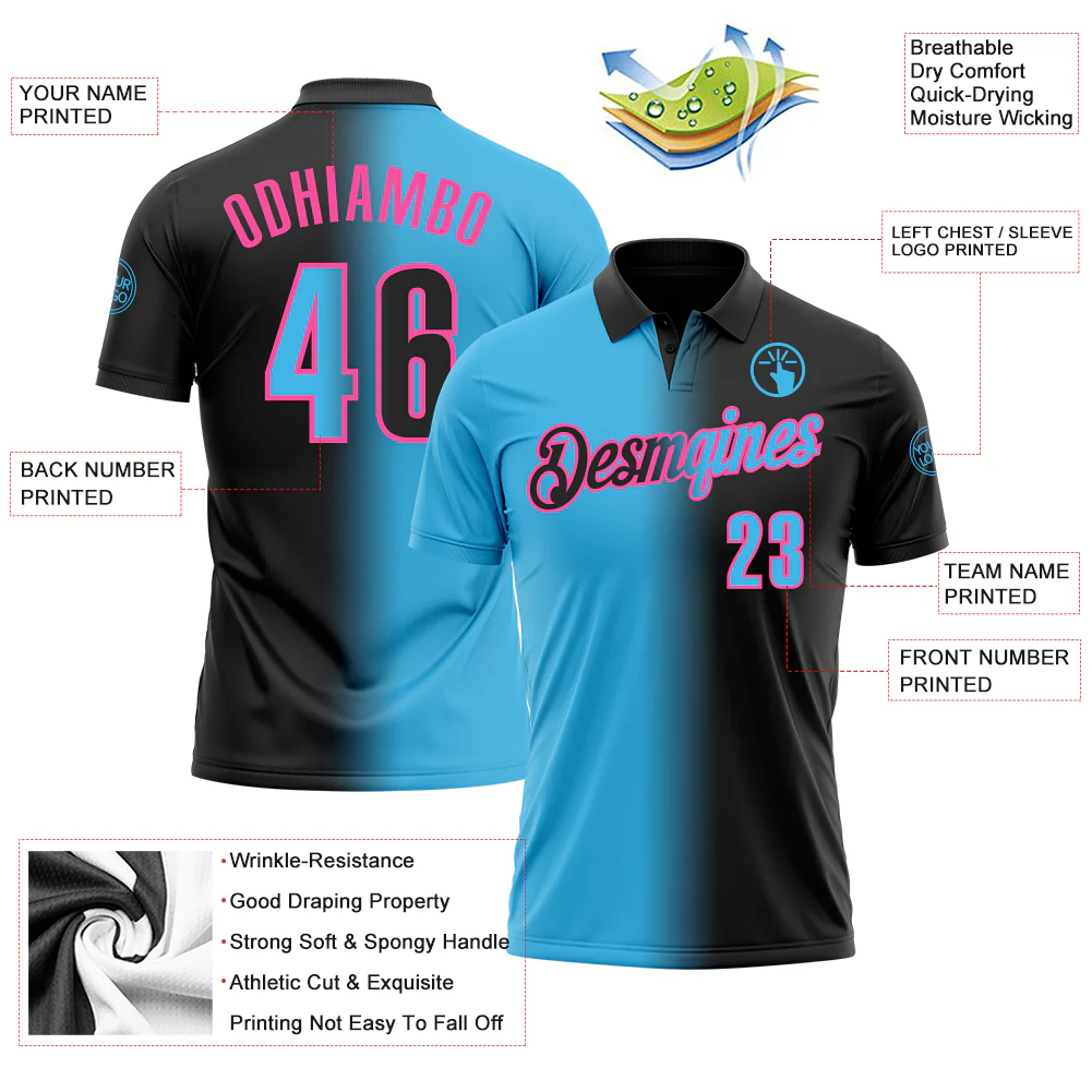 Custom Black Sky Blue-Pink 3D Gradient Fashion Performance Polo Shirt - Image 3