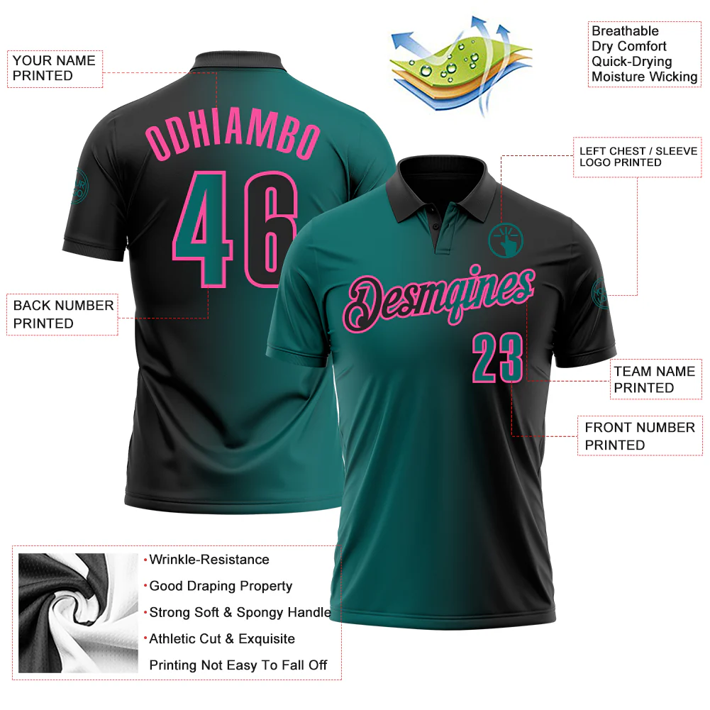 Custom Black Teal-Pink 3D Gradient Fashion Performance Polo Shirt - Image 3