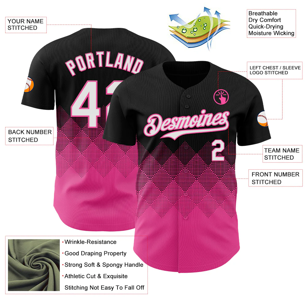 Custom Black White-Pink 3D Gradient Square Shape Authentic Baseball Jersey - Image 3