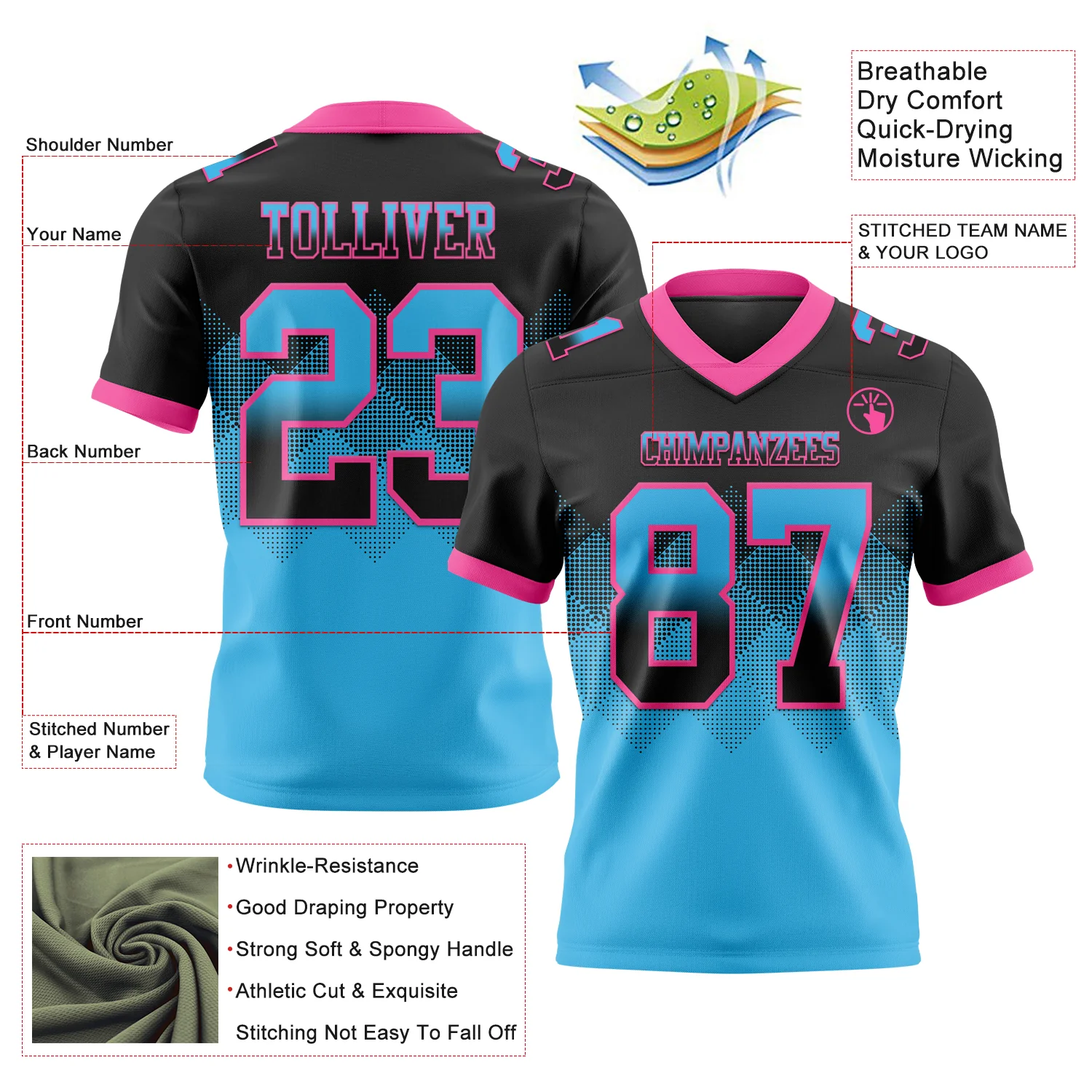 Custom Black Sky Blue-Pink Authentic Gradient Square Shape Flag Football Jersey - Image 2
