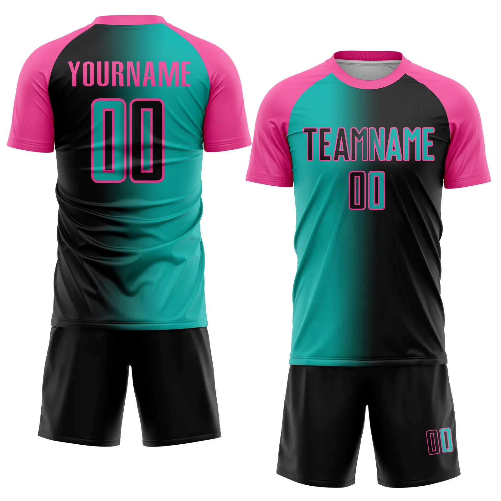 Custom Black Aqua-Pink Sublimation Gradient Fashion Soccer Uniform Jersey - Image 2