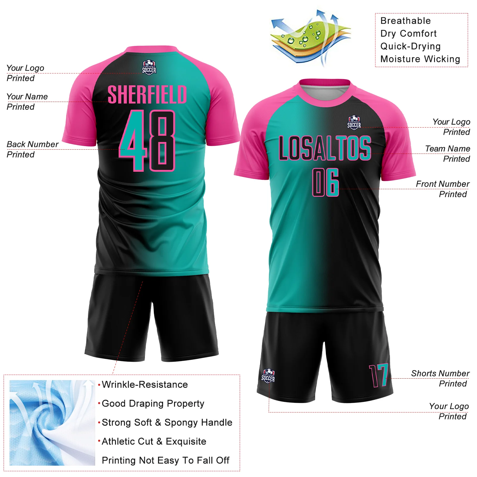 Custom Black Aqua-Pink Sublimation Gradient Fashion Soccer Uniform Jersey - Image 4