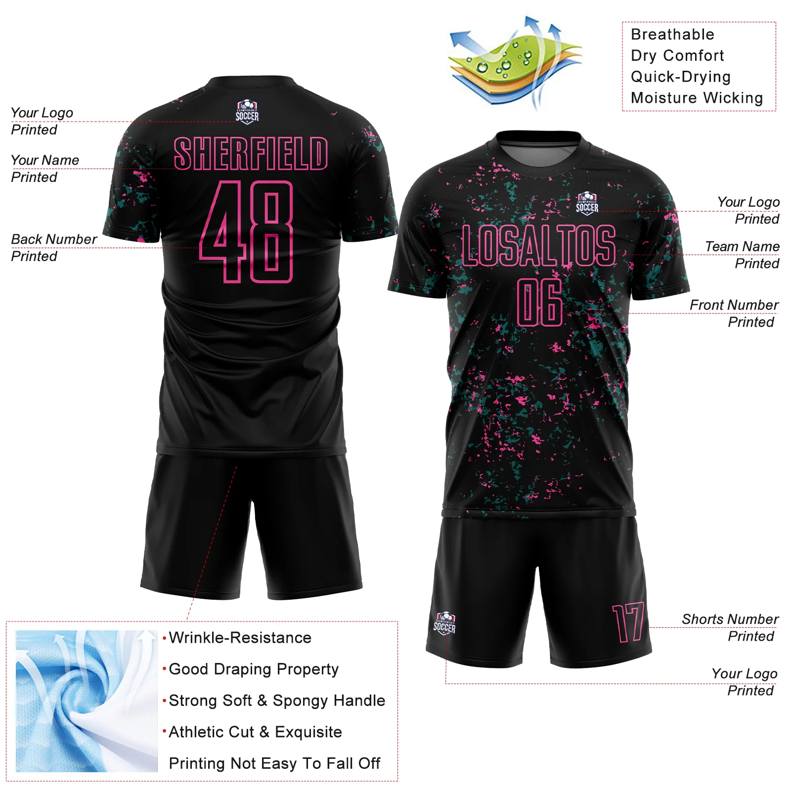 Custom Black Pink-Teal Abstract Fragment Art Sublimation Soccer Uniform Jersey - Image 4