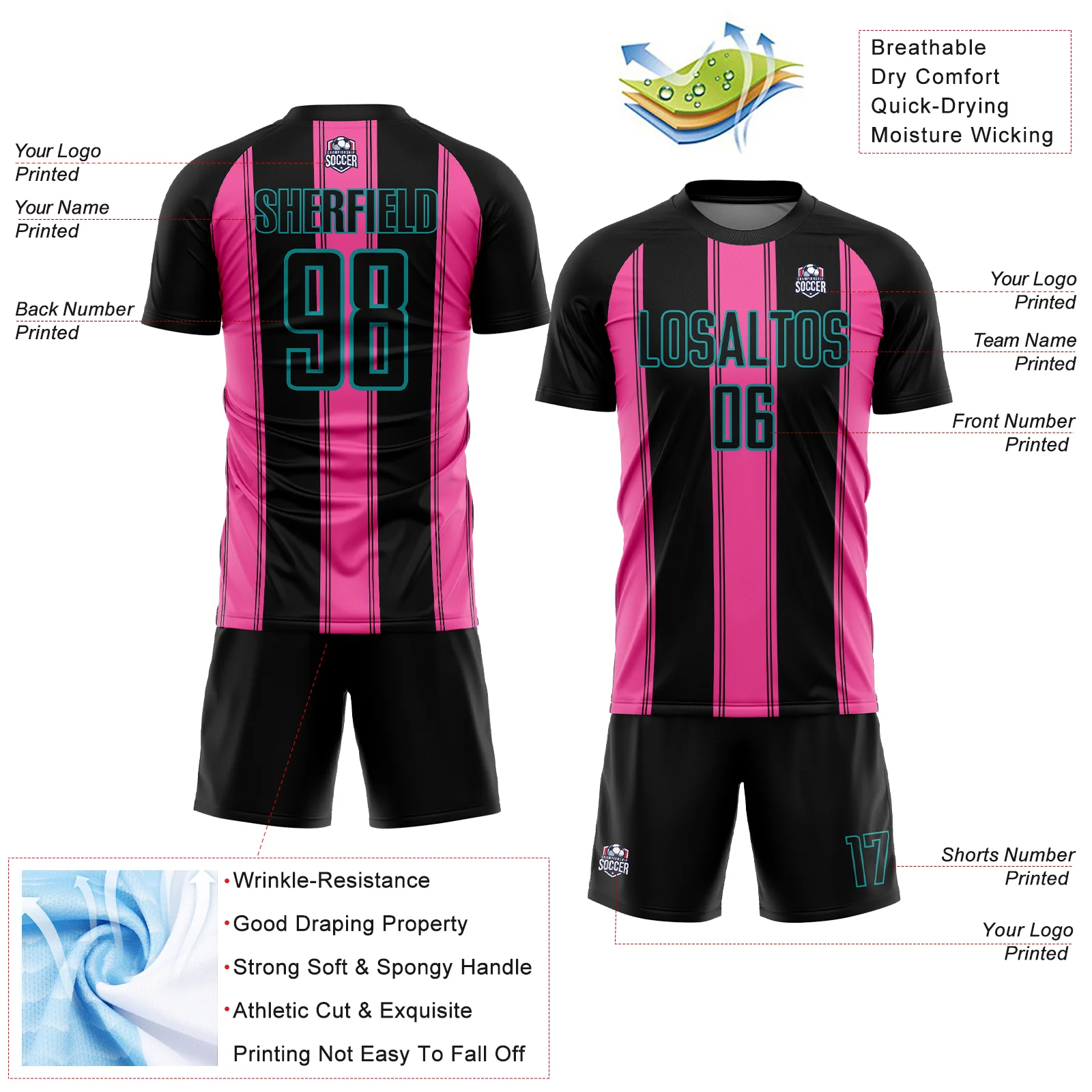 Custom Black Pink-Teal Line Sublimation Soccer Uniform Jersey - Image 4