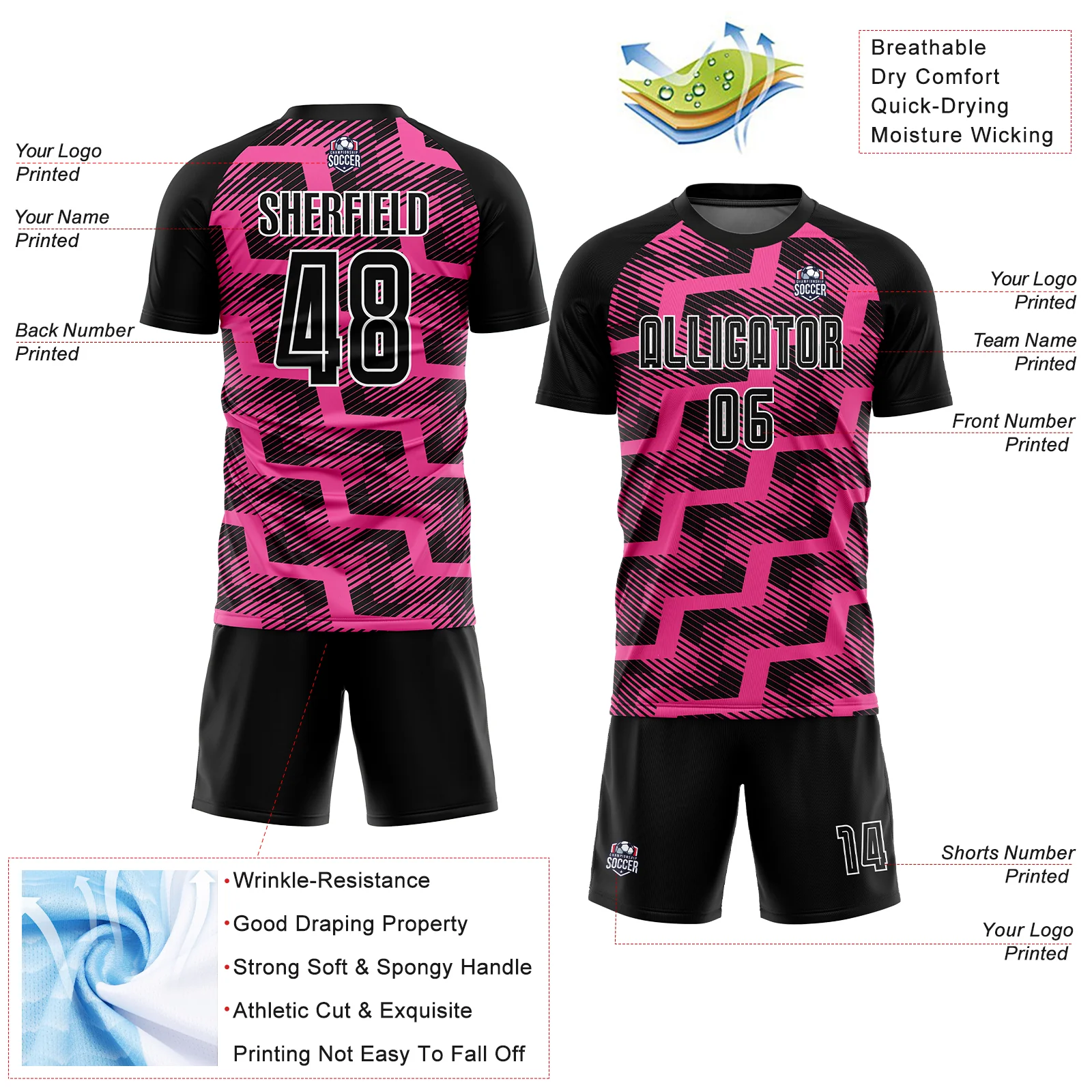 Custom Black Pink-White Line Sublimation Soccer Uniform Jersey - Image 4