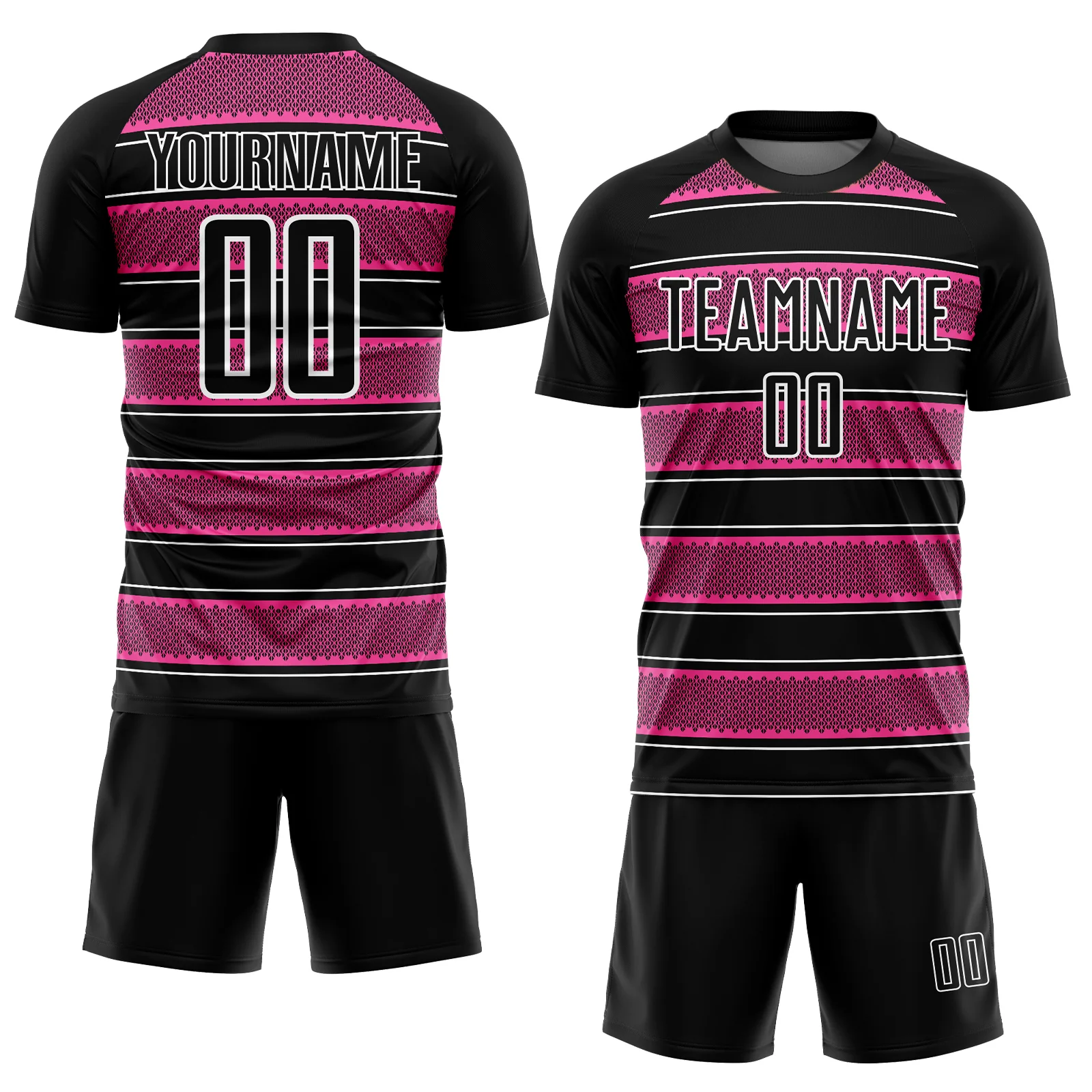 Custom Black Pink-White Geometric Shapes And Line Sublimation Soccer Uniform Jersey - Image 2