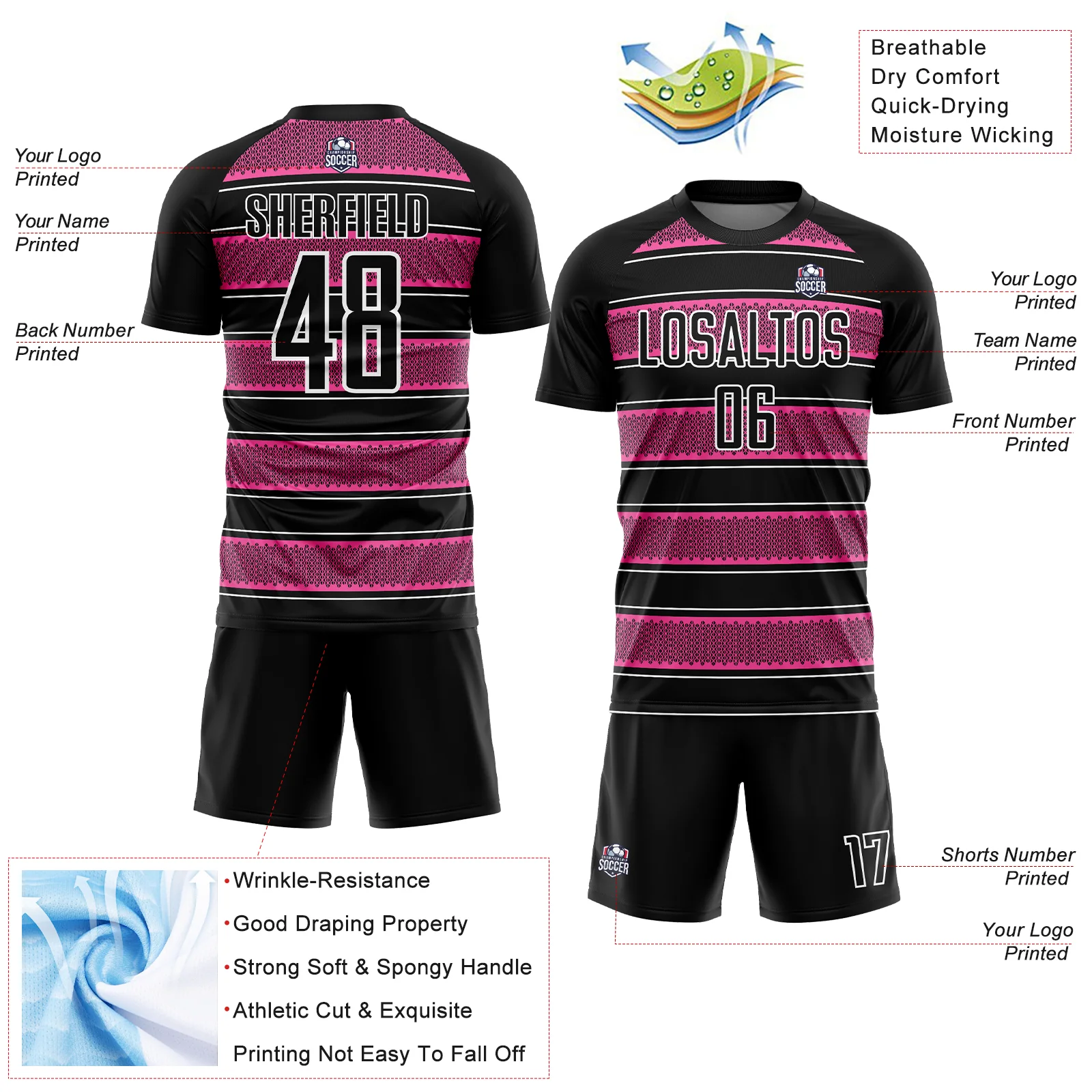 Custom Black Pink-White Geometric Shapes And Line Sublimation Soccer Uniform Jersey - Image 4
