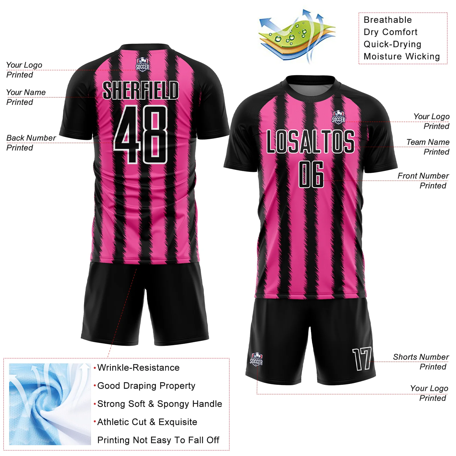 Custom Black Pink-White Line Sublimation Soccer Uniform Jersey - Image 4