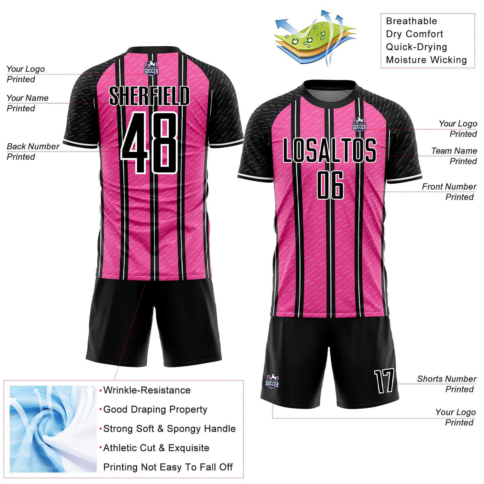 Custom Black Pink-White Line Sublimation Soccer Uniform Jersey - Image 4