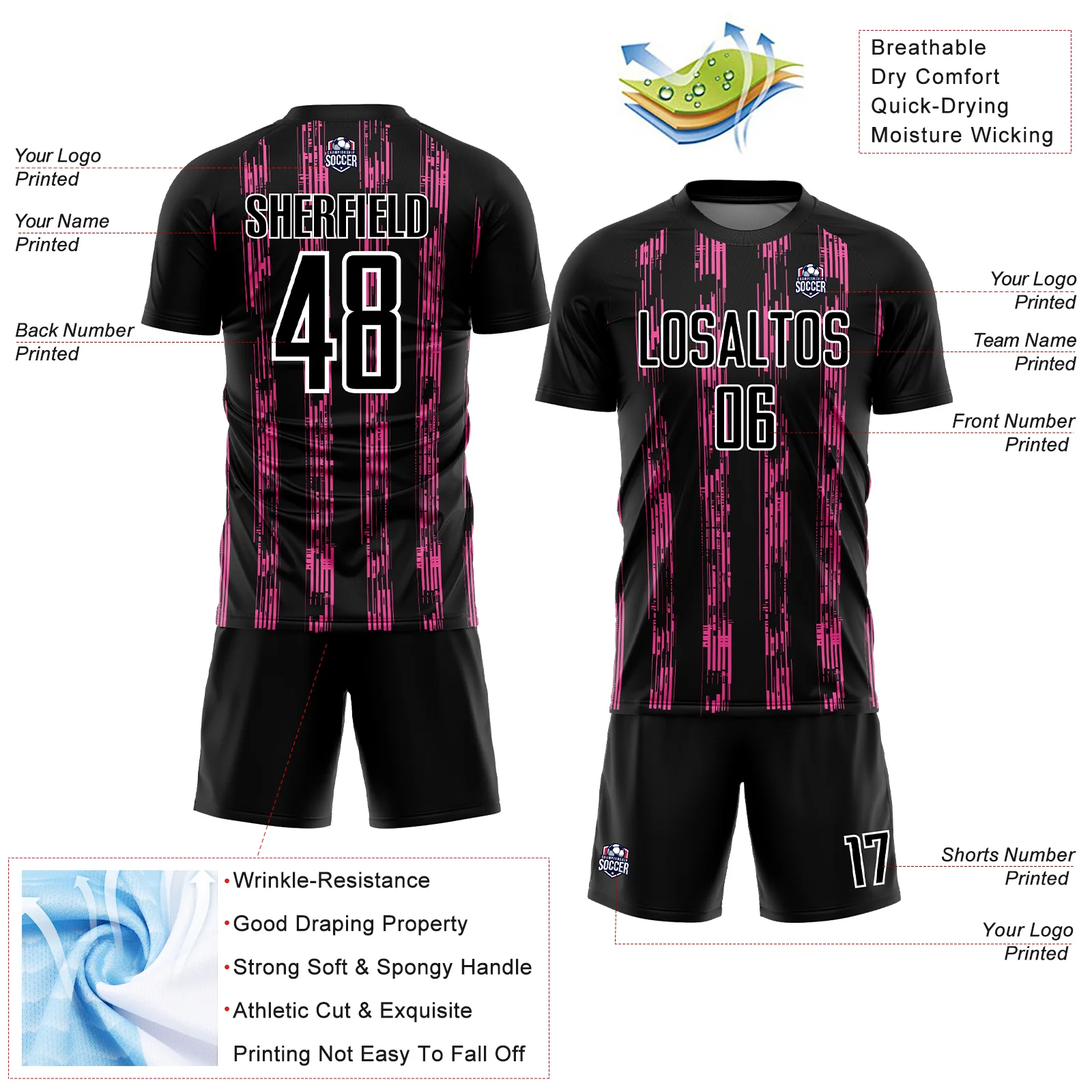 Custom Black Pink-White Line Sublimation Soccer Uniform Jersey - Image 4