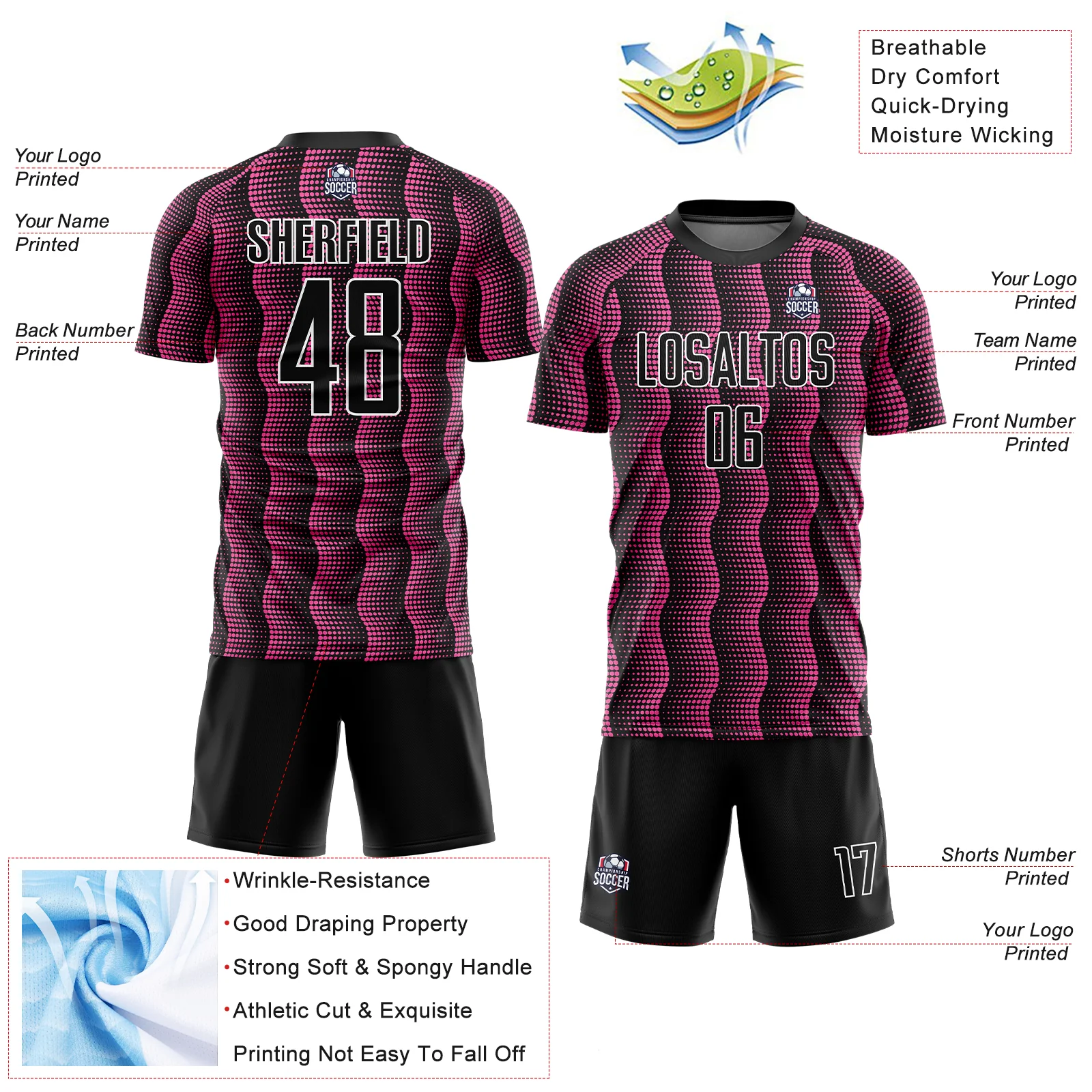 Custom Black Pink-White Geometric Shape Sublimation Soccer Uniform Jersey - Image 4