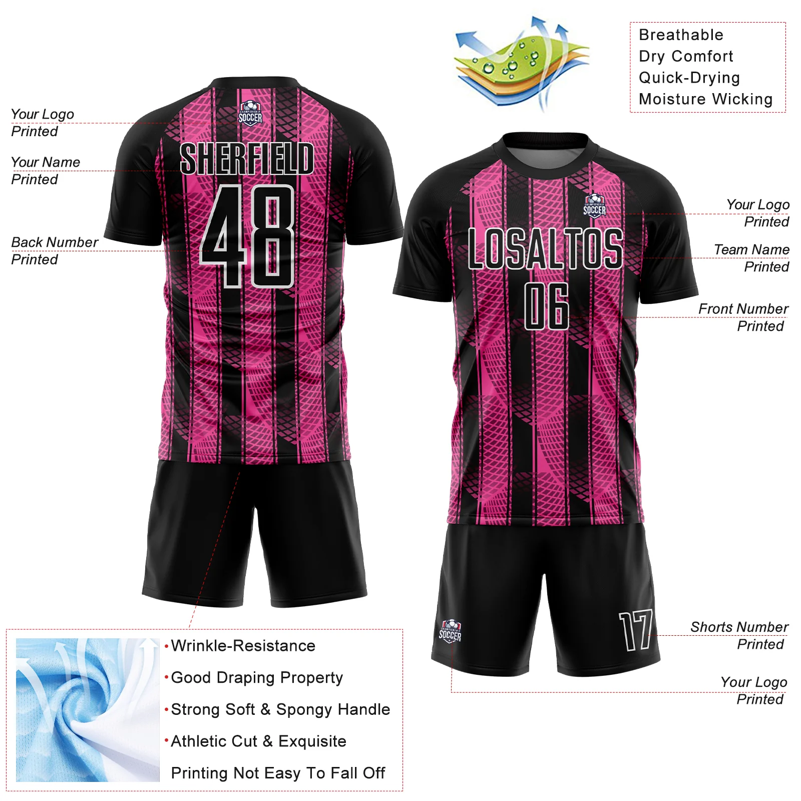 Custom Black Pink-White Abstract Network Sublimation Soccer Uniform Jersey - Image 4