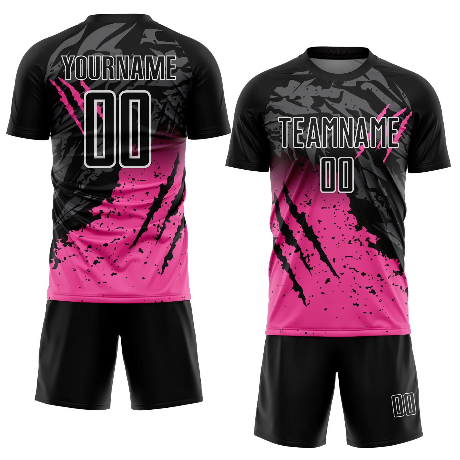 Custom Black Pink-White Gradient Scratch Splash Sublimation Soccer Uniform Jersey - Image 2