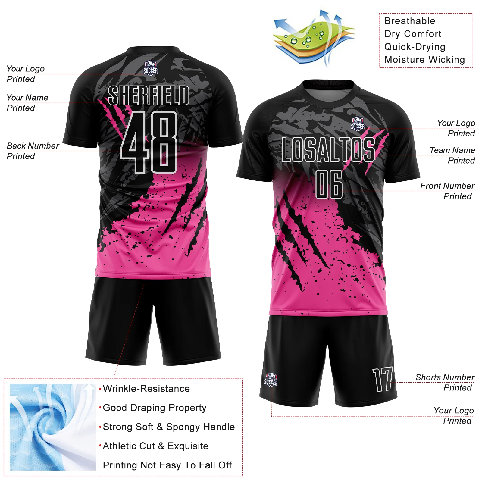 Custom Black Pink-White Gradient Scratch Splash Sublimation Soccer Uniform Jersey - Image 4