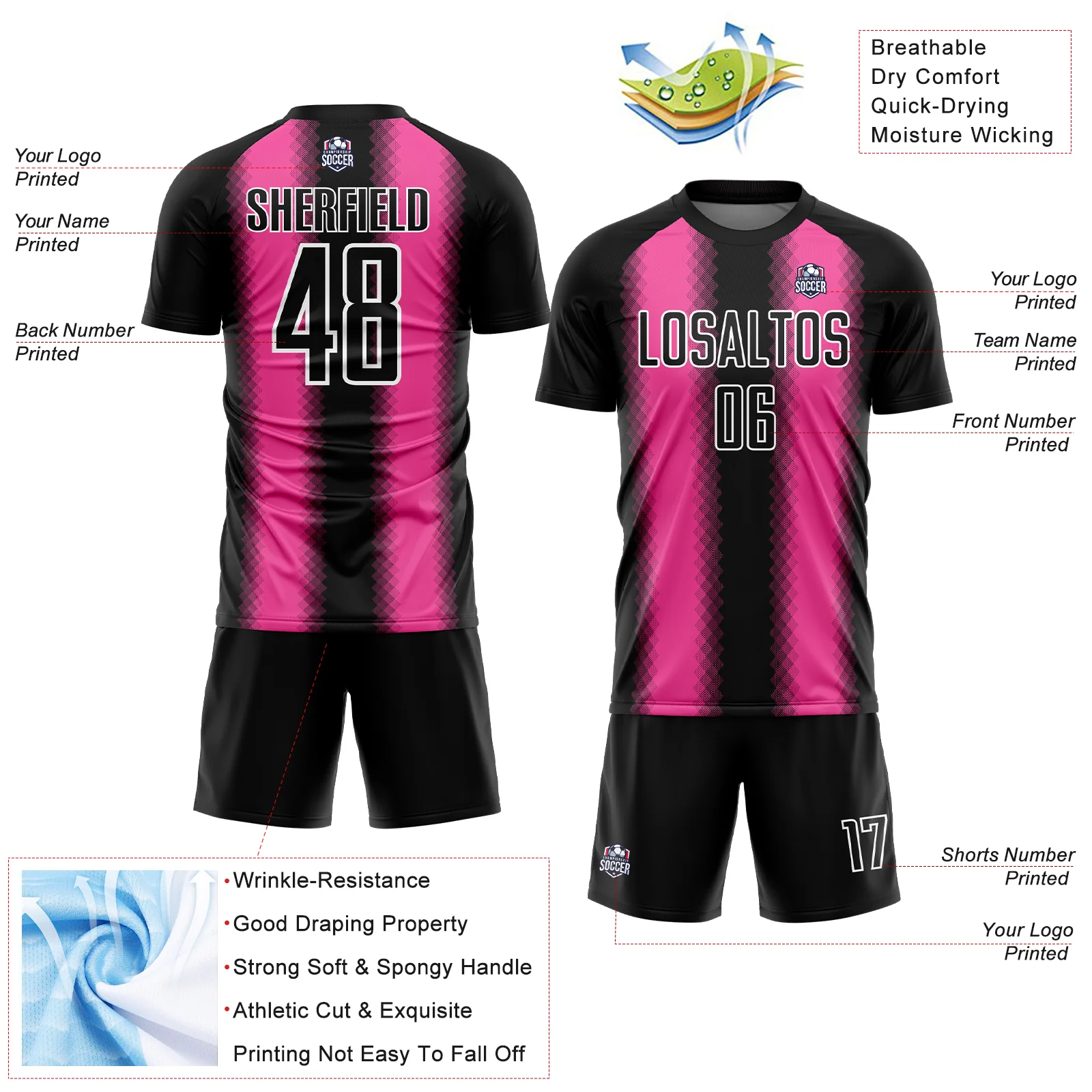 Custom Black Pink-White Zigzag Diamond Stripe Sports Sublimation Soccer Uniform Jersey - Image 4