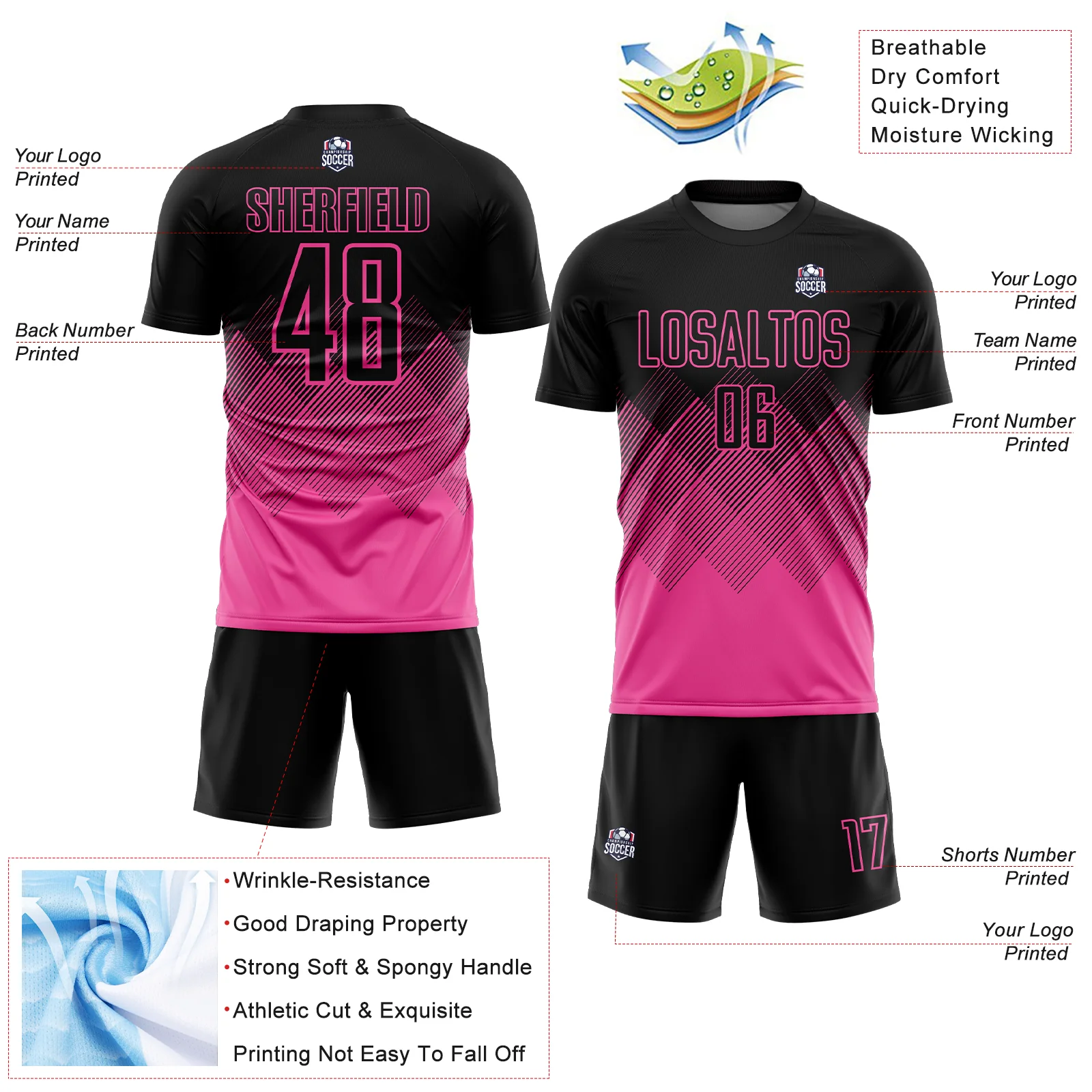 Custom Black Pink Gradient Diamond Diagonal Lines Sports Sublimation Soccer Uniform Jersey - Image 4