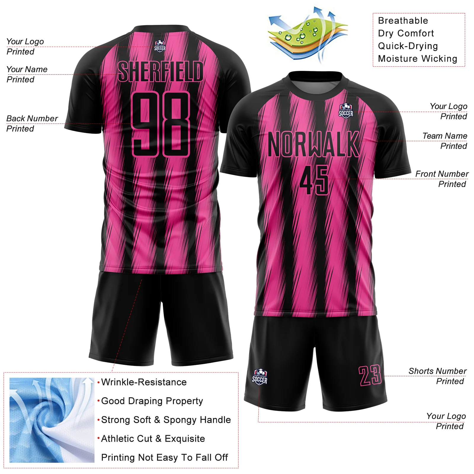 Custom Black Pink Vertical Brush Stroke Stripes Sublimation Soccer Uniform Jersey - Image 4