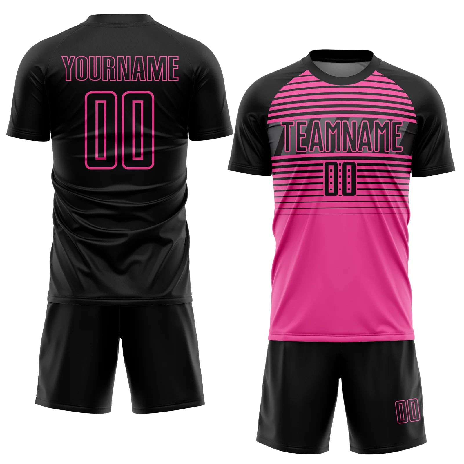 Custom Black Pink-Steel Gray Gradient Horizontal Stripes Sublimation Soccer Uniform Jersey - Image 2
