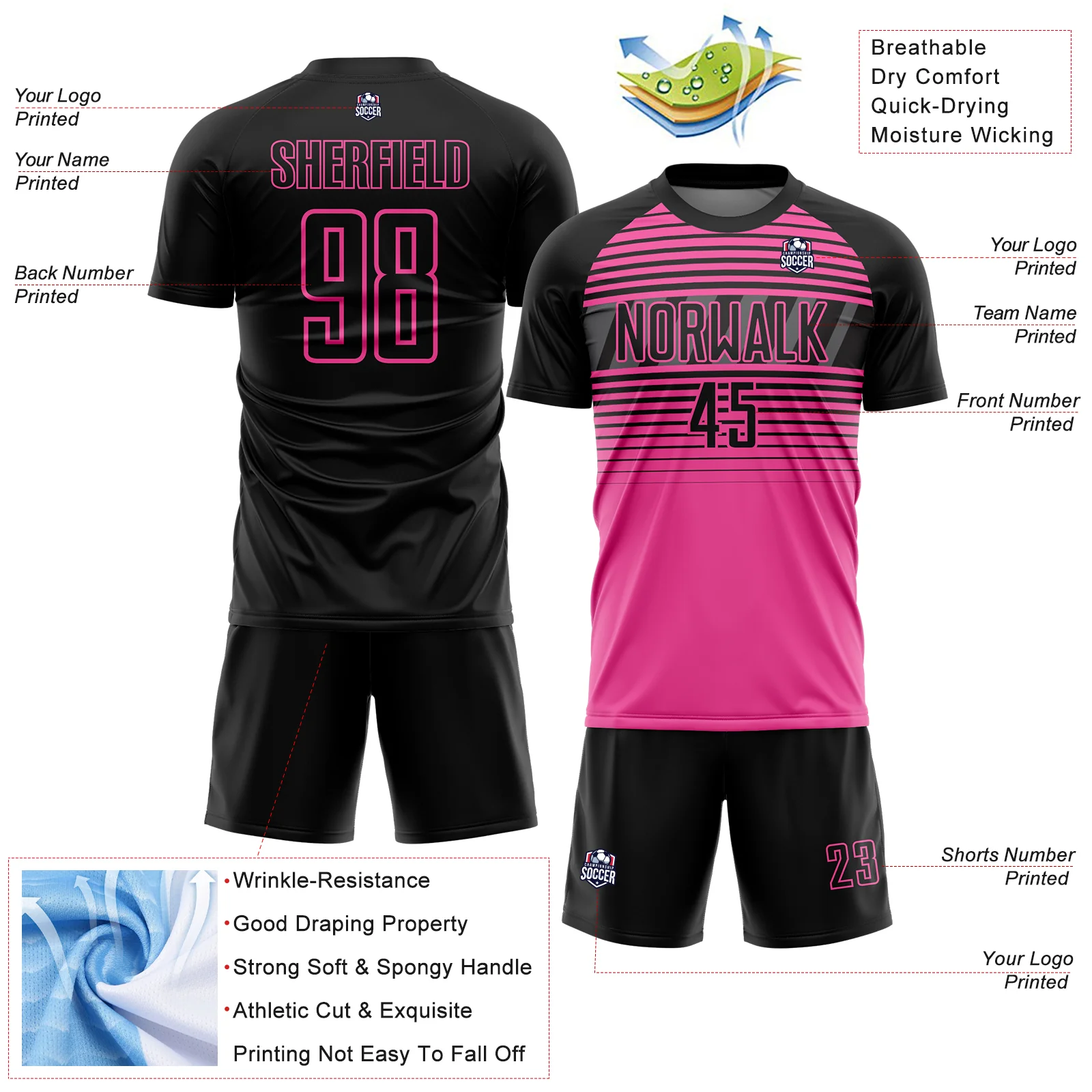 Custom Black Pink-Steel Gray Gradient Horizontal Stripes Sublimation Soccer Uniform Jersey - Image 4