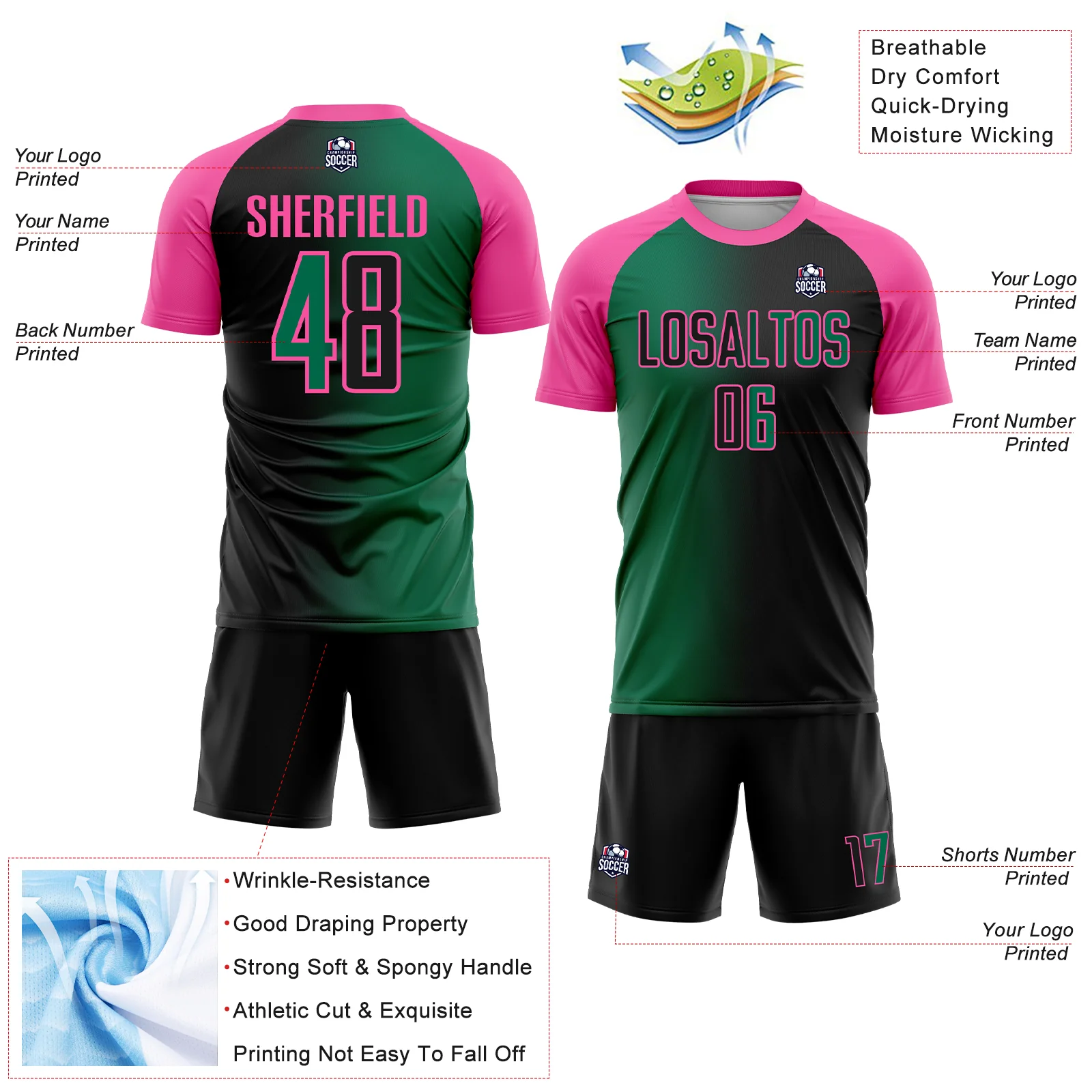 Custom Black Kelly Green-Pink Sublimation Gradient Fashion Soccer Uniform Jersey - Image 4