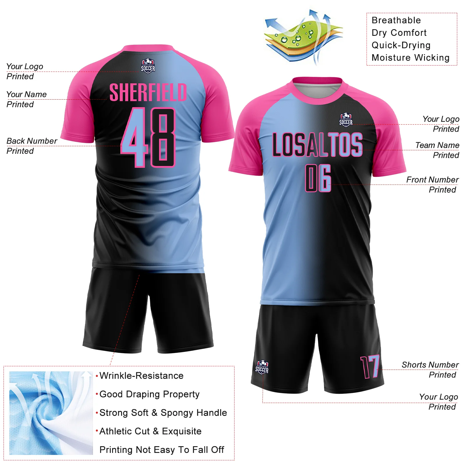 Custom Black Light Blue-Pink Sublimation Gradient Fashion Soccer Uniform Jersey - Image 4