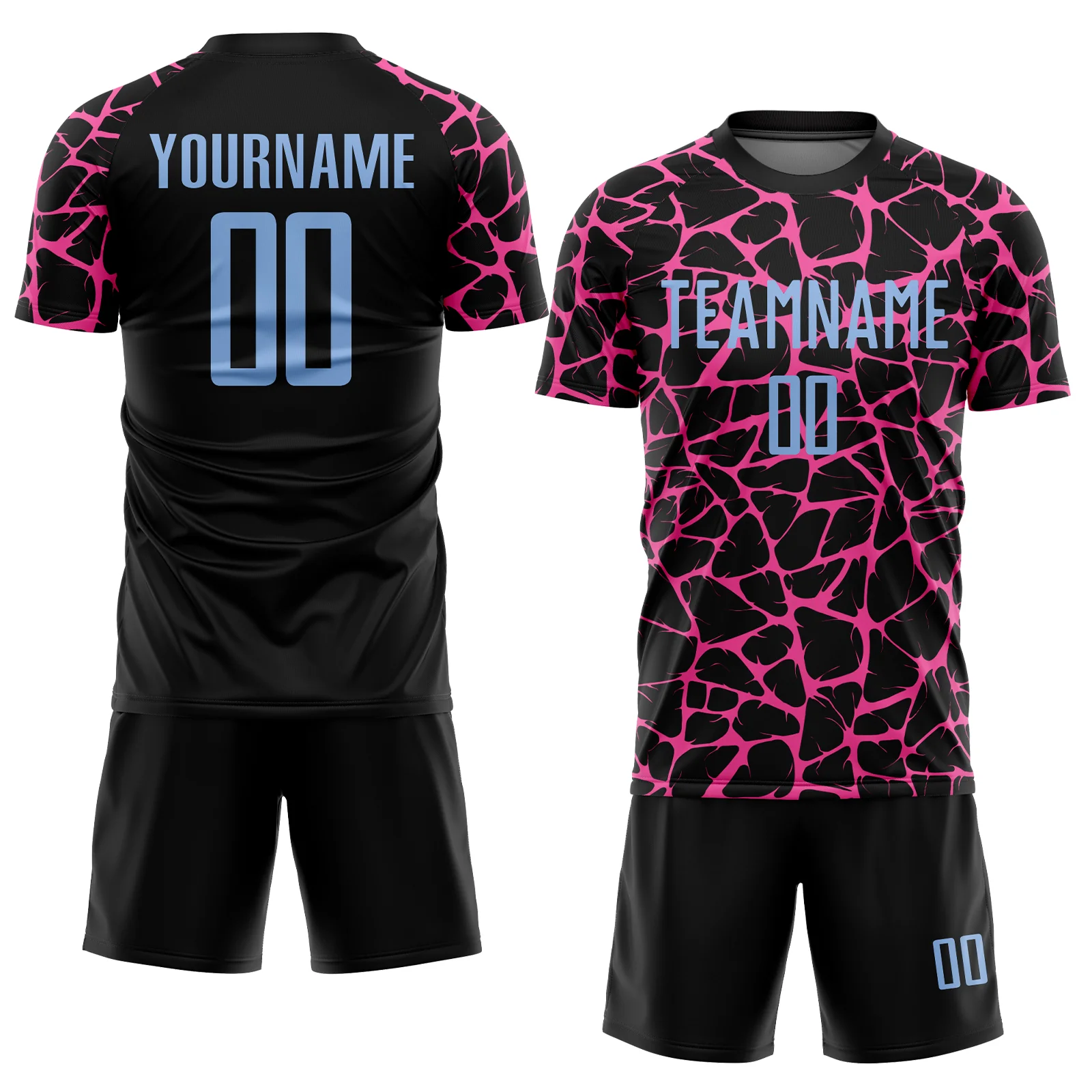 Custom Black Light Blue-Pink Abstract Network Splash Sublimation Soccer Uniform Jersey - Image 2