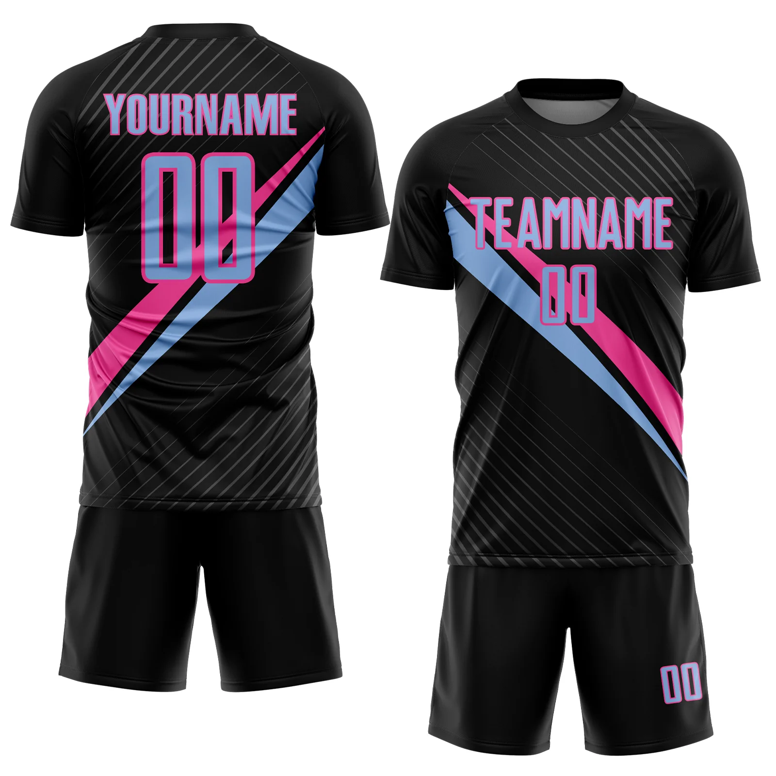 Custom Black Light Blue-Pink Diagonal Stripes Sports Sublimation Soccer Uniform Jersey - Image 2
