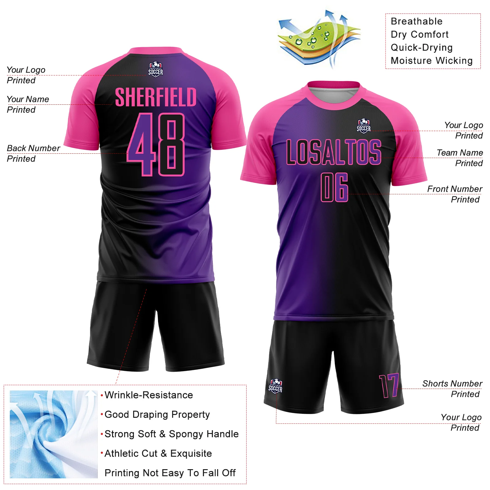 Custom Black Purple-Pink Sublimation Gradient Fashion Soccer Uniform Jersey - Image 4