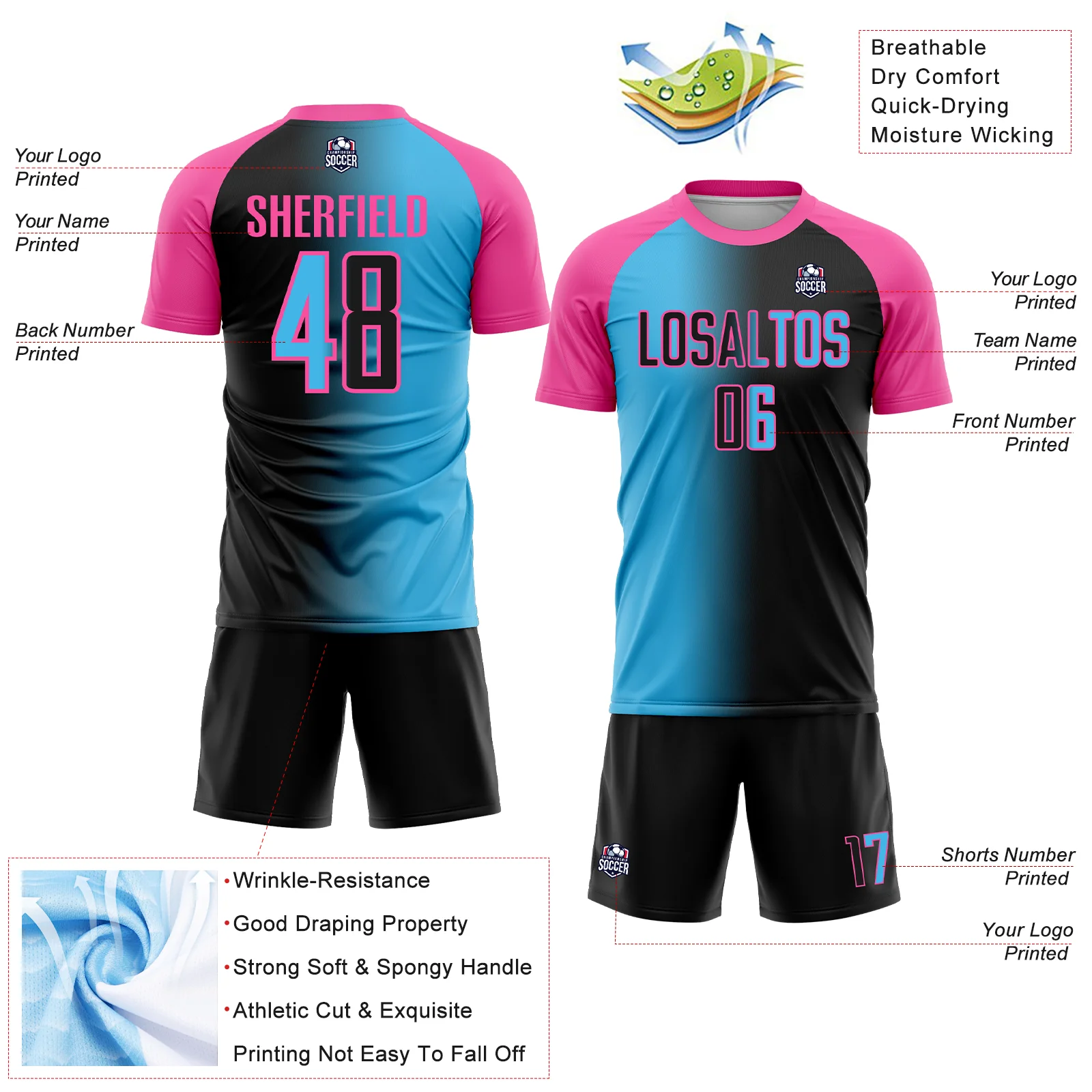 Custom Black Sky Blue-Pink Sublimation Gradient Fashion Soccer Uniform Jersey - Image 4