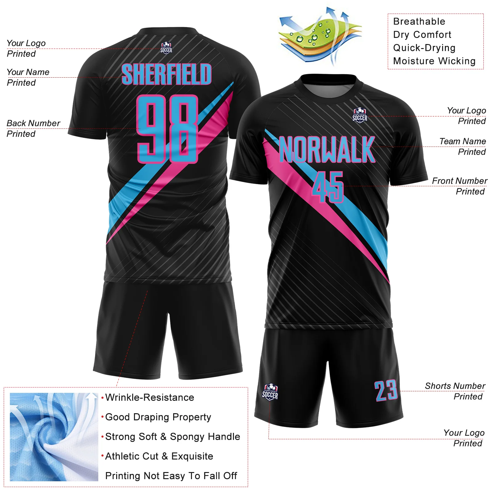 Custom Black Sky Blue-Pink Diagonal Stripes Sports Sublimation Soccer Uniform Jersey - Image 4