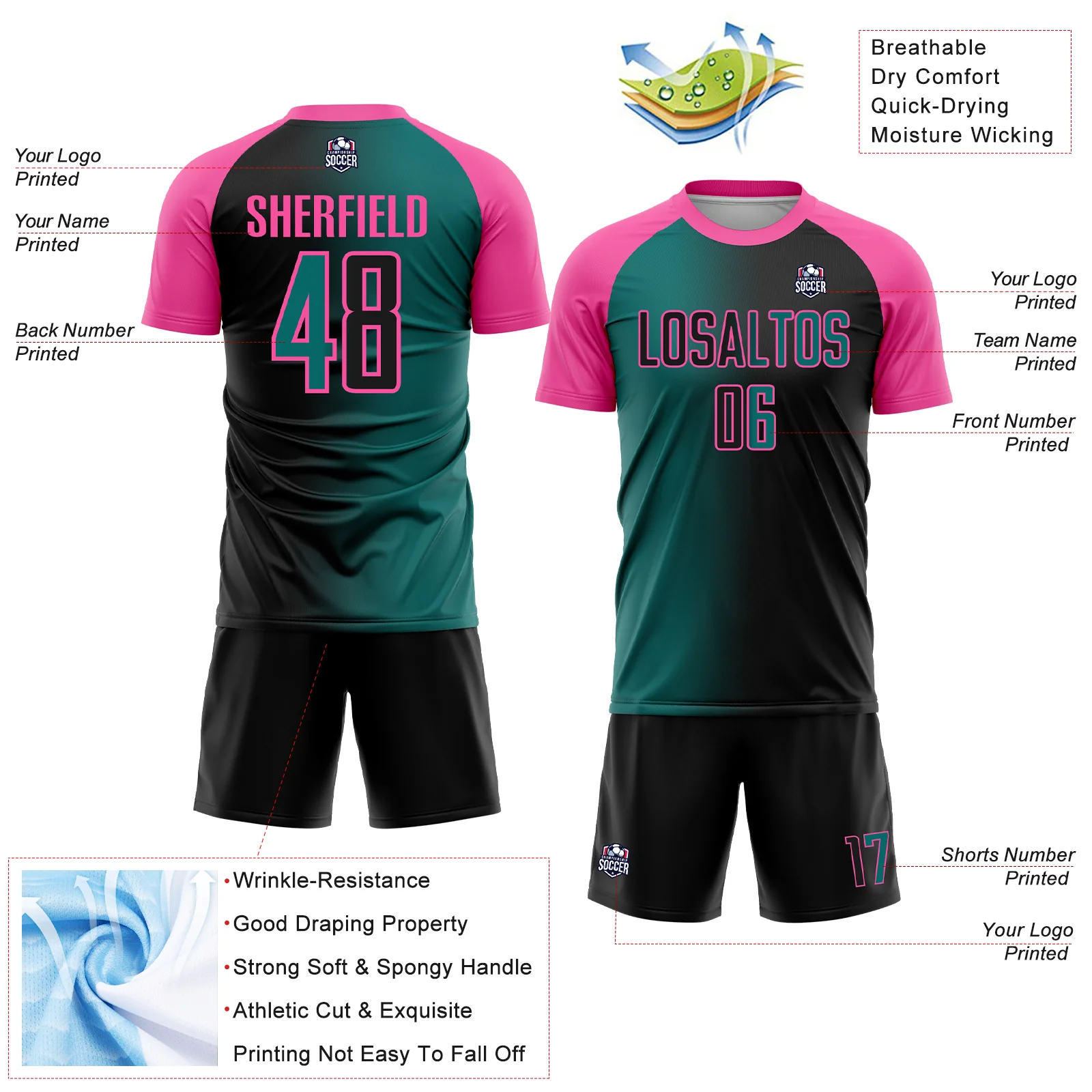 Custom Black Teal-Pink Sublimation Gradient Fashion Soccer Uniform Jersey - Image 4