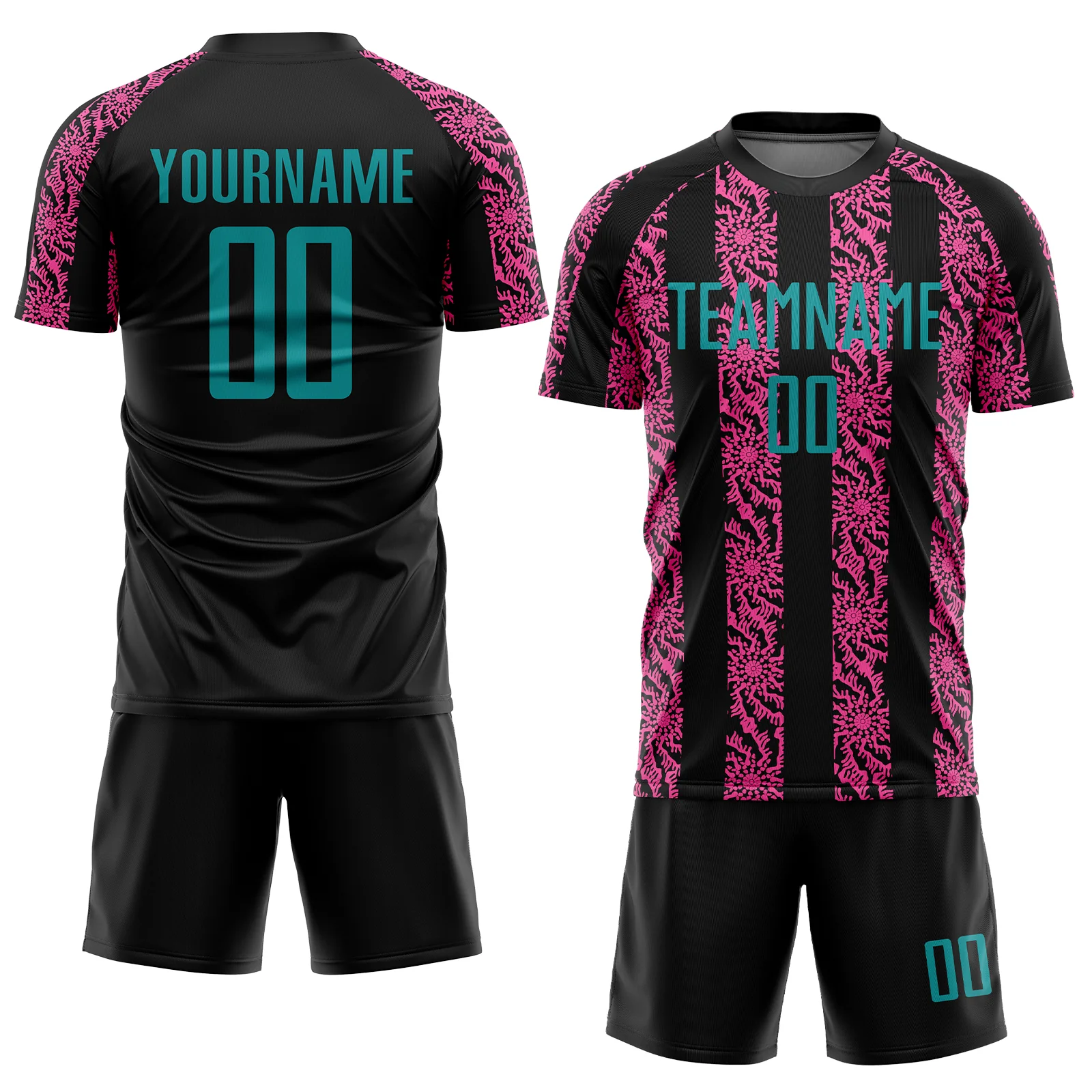 Custom Black Teal-Pink Abstract Shape Sublimation Soccer Uniform Jersey - Image 2