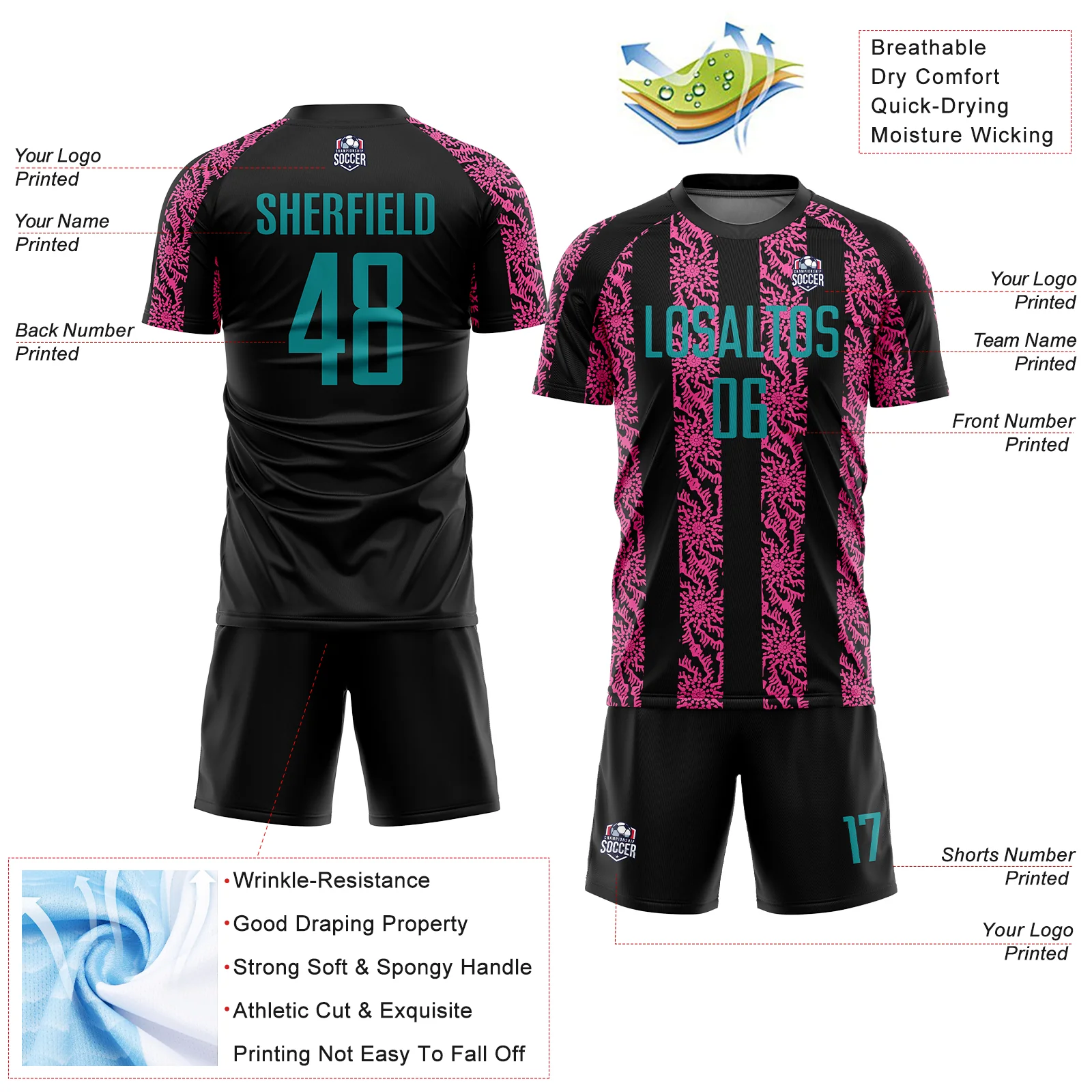 Custom Black Teal-Pink Abstract Shape Sublimation Soccer Uniform Jersey - Image 4