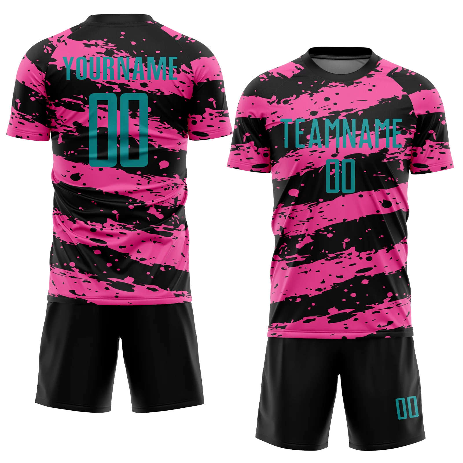 Custom Black Teal-Pink Splash Sublimation Soccer Uniform Jersey - Image 2