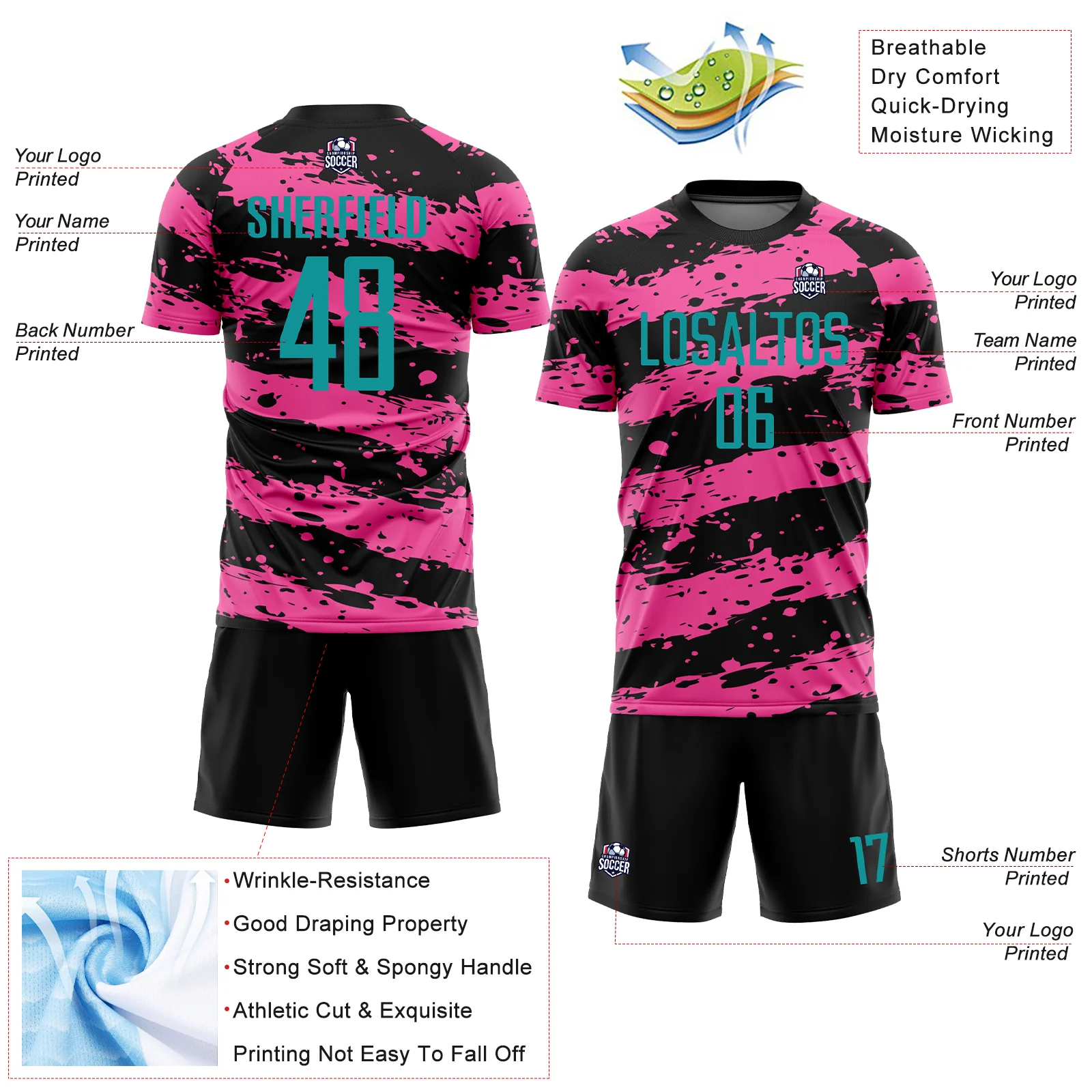 Custom Black Teal-Pink Splash Sublimation Soccer Uniform Jersey - Image 4