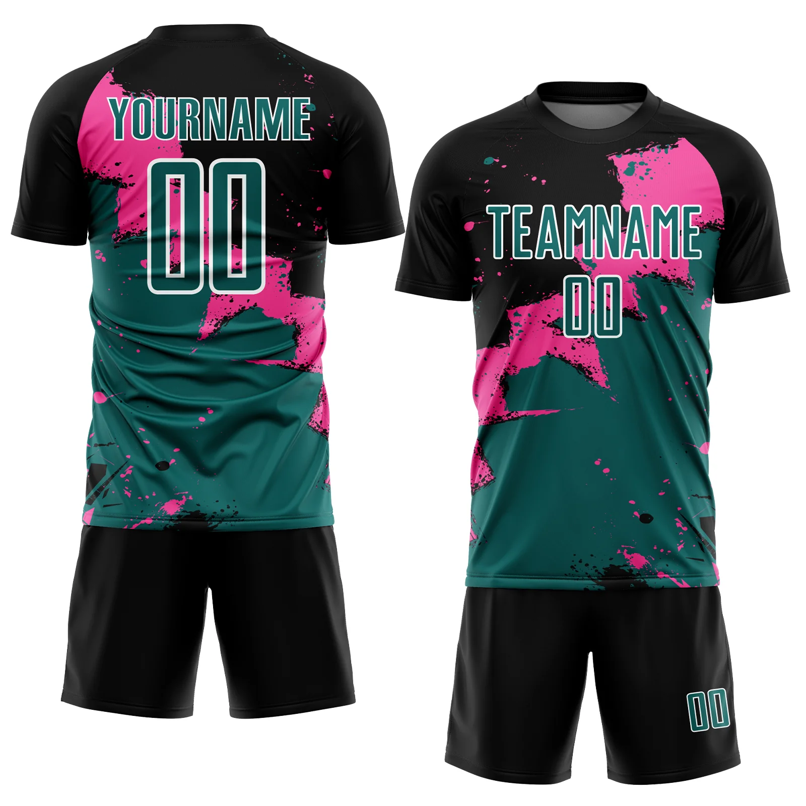 Custom Black Teal-Pink Spalsh Sublimation Soccer Uniform Jersey - Image 2