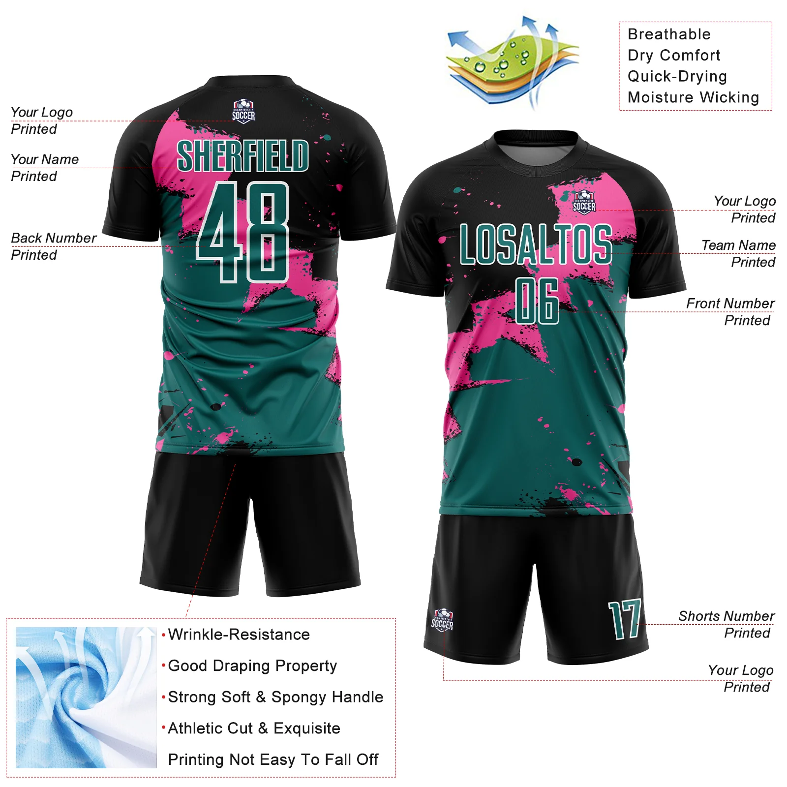 Custom Black Teal-Pink Spalsh Sublimation Soccer Uniform Jersey - Image 4