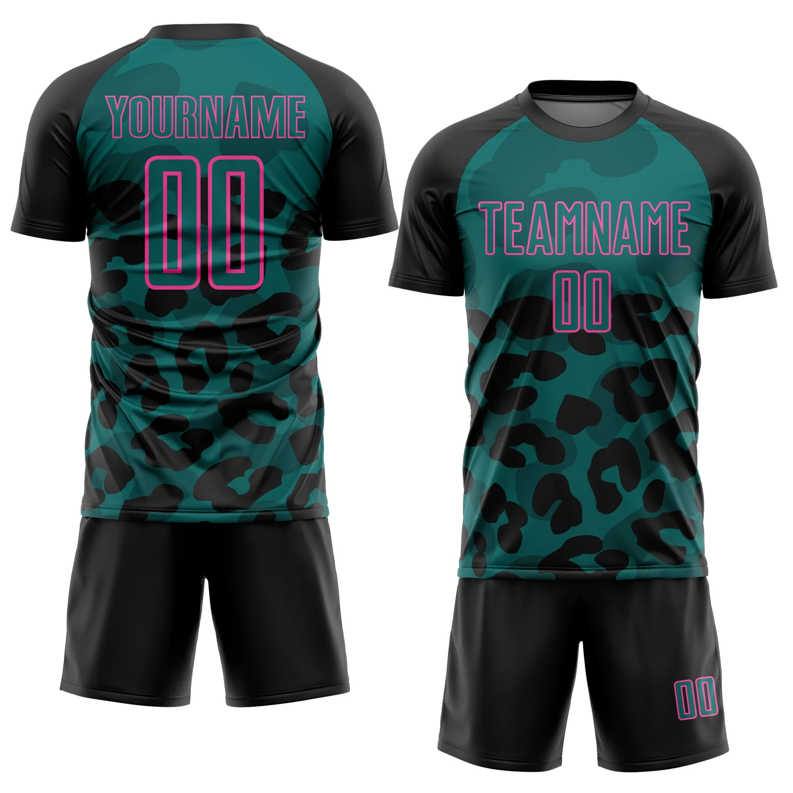 Custom Black Teal-Pink Animal Leopard Print Sports Sublimation Soccer Uniform Jersey - Image 2