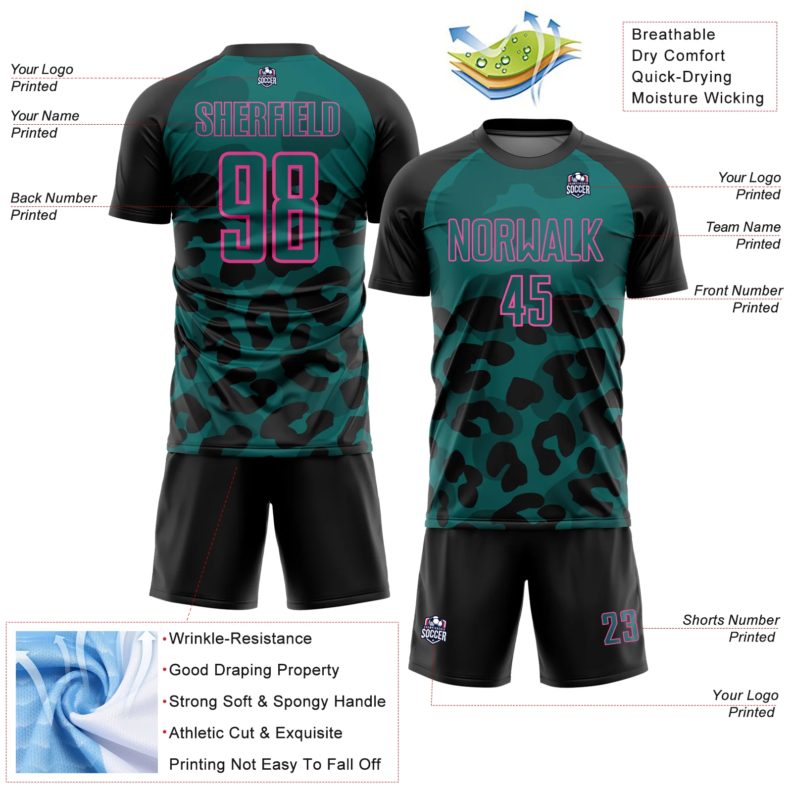 Custom Black Teal-Pink Animal Leopard Print Sports Sublimation Soccer Uniform Jersey - Image 4