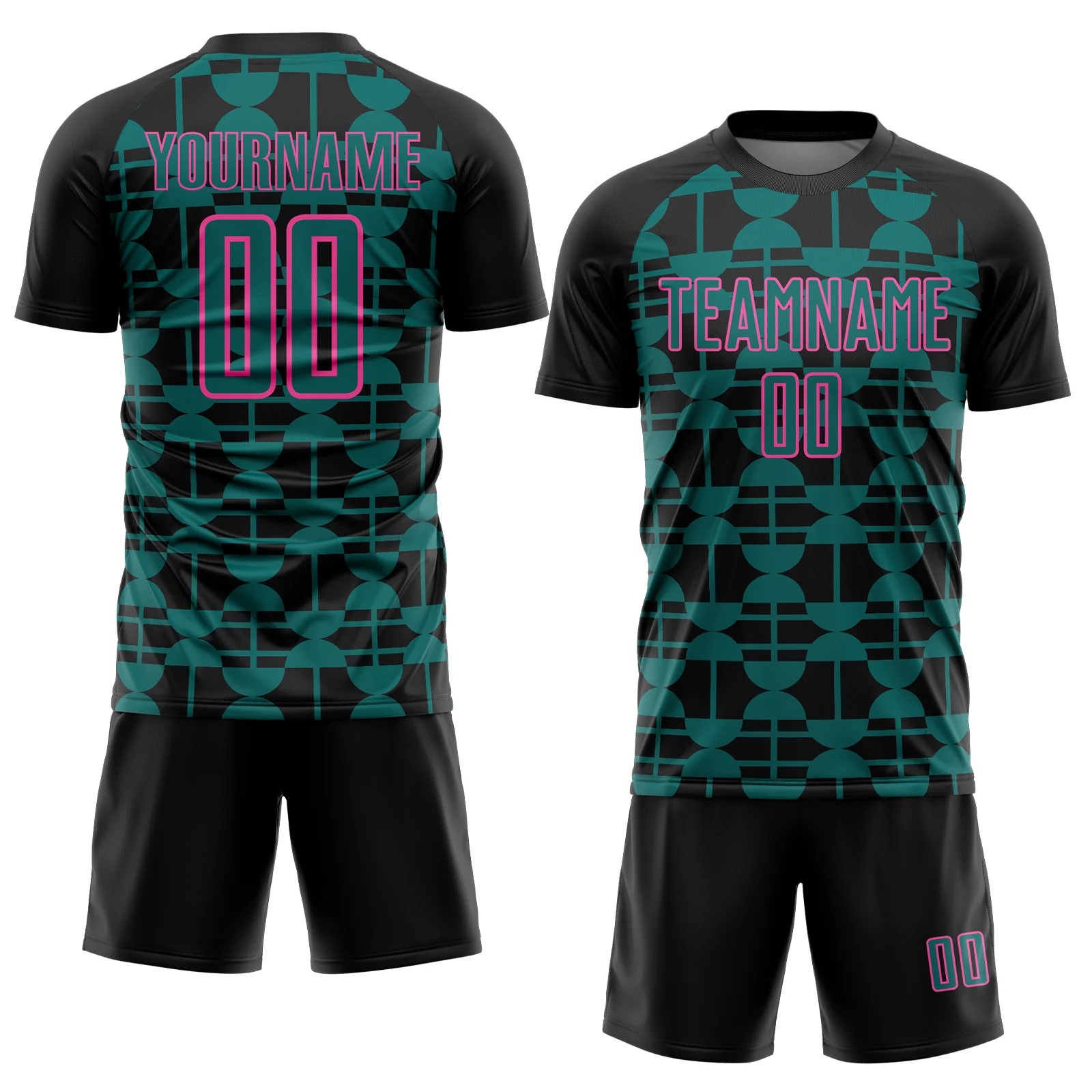 Custom Black Teal-Pink Geometric Shapes Sports Sublimation Soccer Uniform Jersey - Image 2