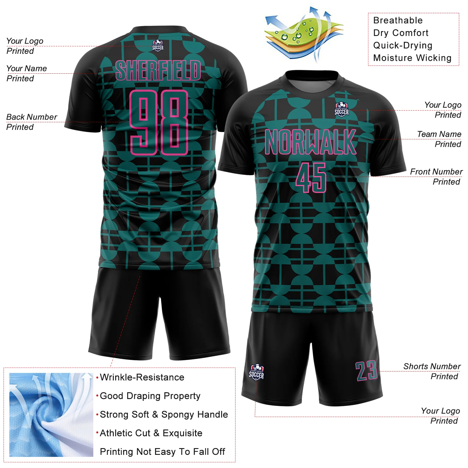 Custom Black Teal-Pink Geometric Shapes Sports Sublimation Soccer Uniform Jersey - Image 4