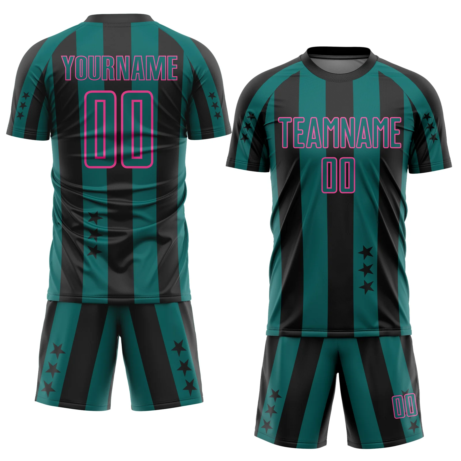 Custom Black Teal-Pink Stars And Stripes Sports Sublimation Soccer Uniform Jersey - Image 2