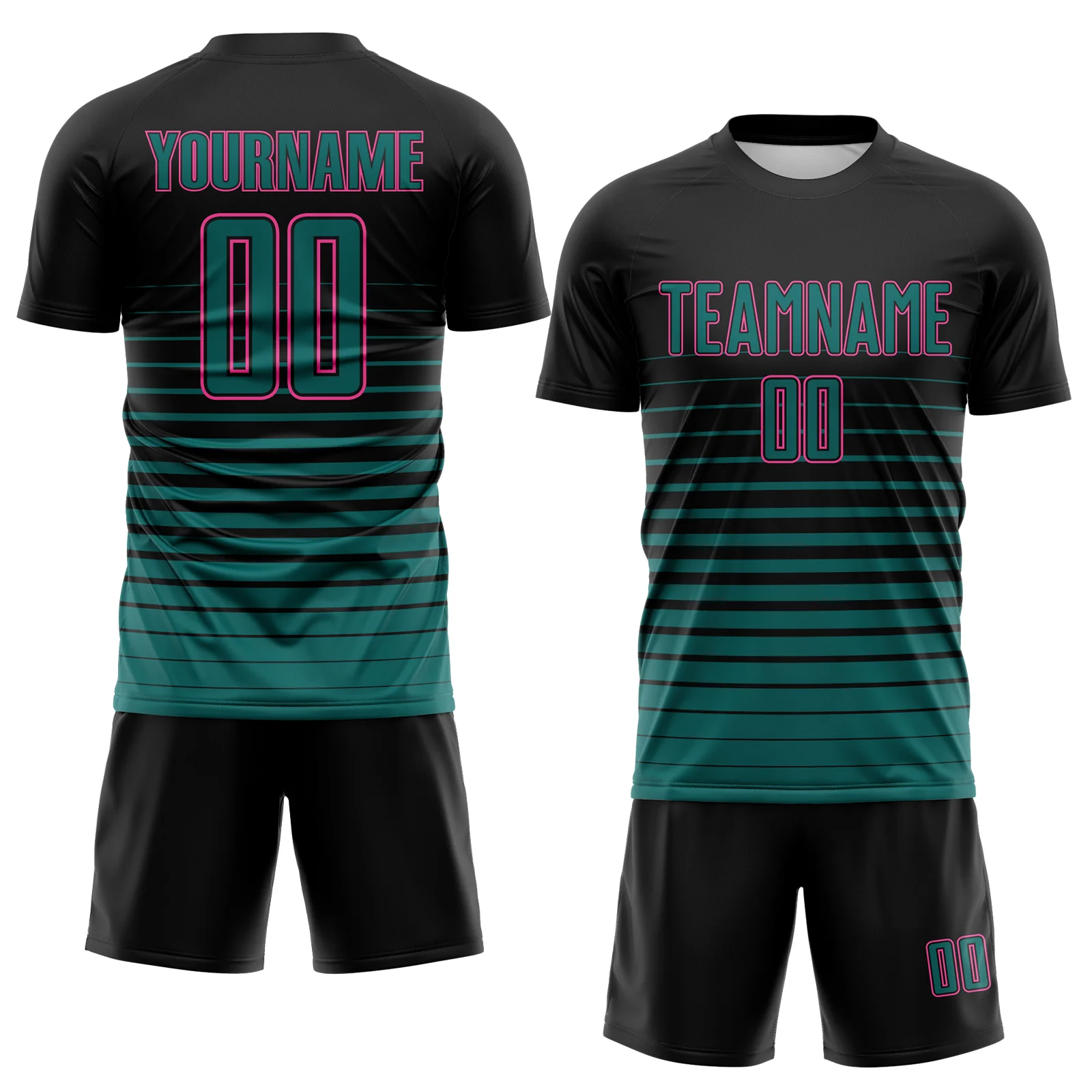 Custom Black Teal-Pink Gradient Pinstripe Sublimation Soccer Uniform Jersey - Image 2