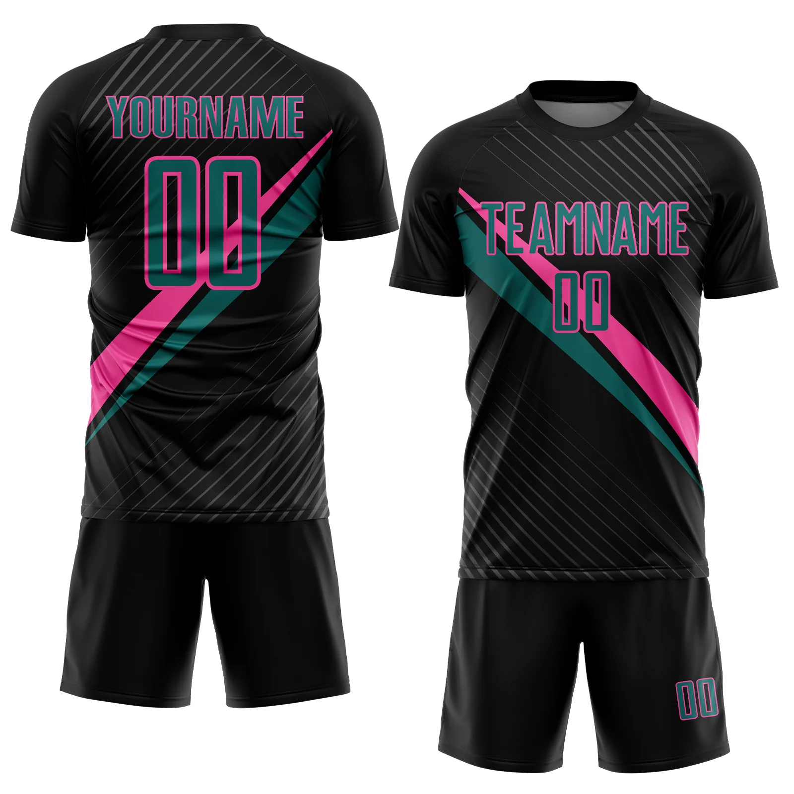 Custom Black Teal-Pink Diagonal Stripes Sports Sublimation Soccer Uniform Jersey - Image 2