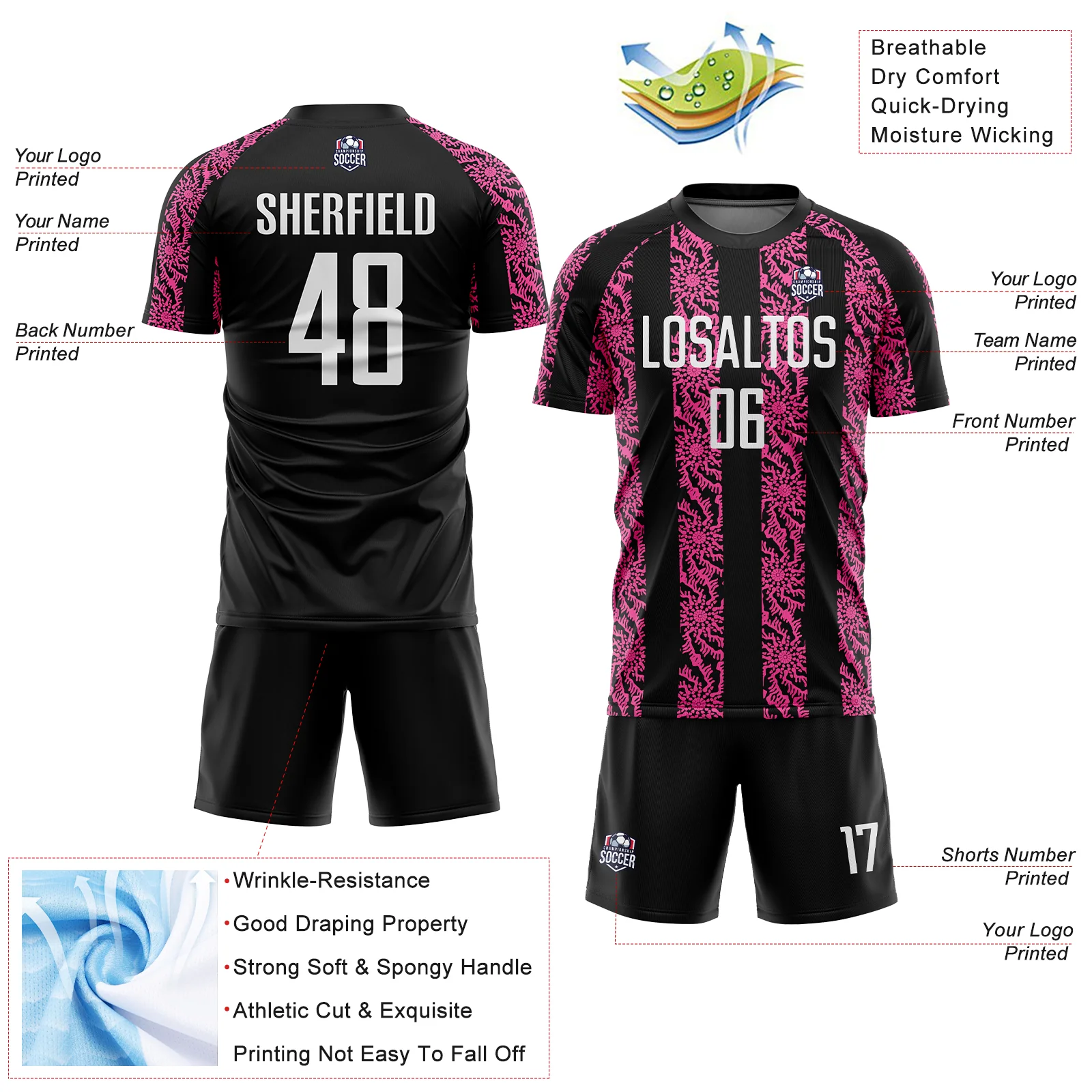 Custom Black White-Pink Abstract Shape Sublimation Soccer Uniform Jersey - Image 4