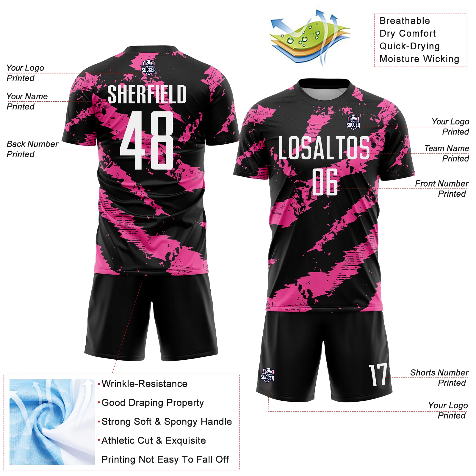 Custom Black White-Pink Colombia Brush Stroke Sublimation Soccer Uniform Jersey - Image 4