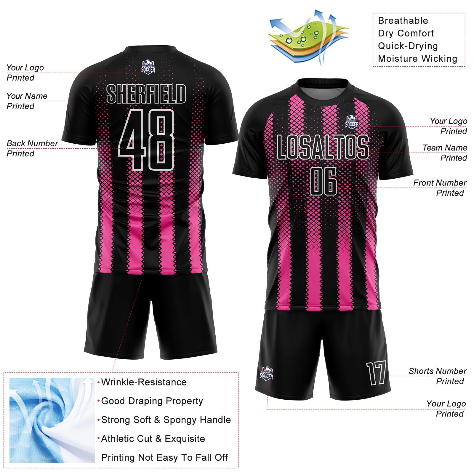 Custom Black Pink-White Geometric Shape Sublimation Soccer Uniform Jersey - Image 4