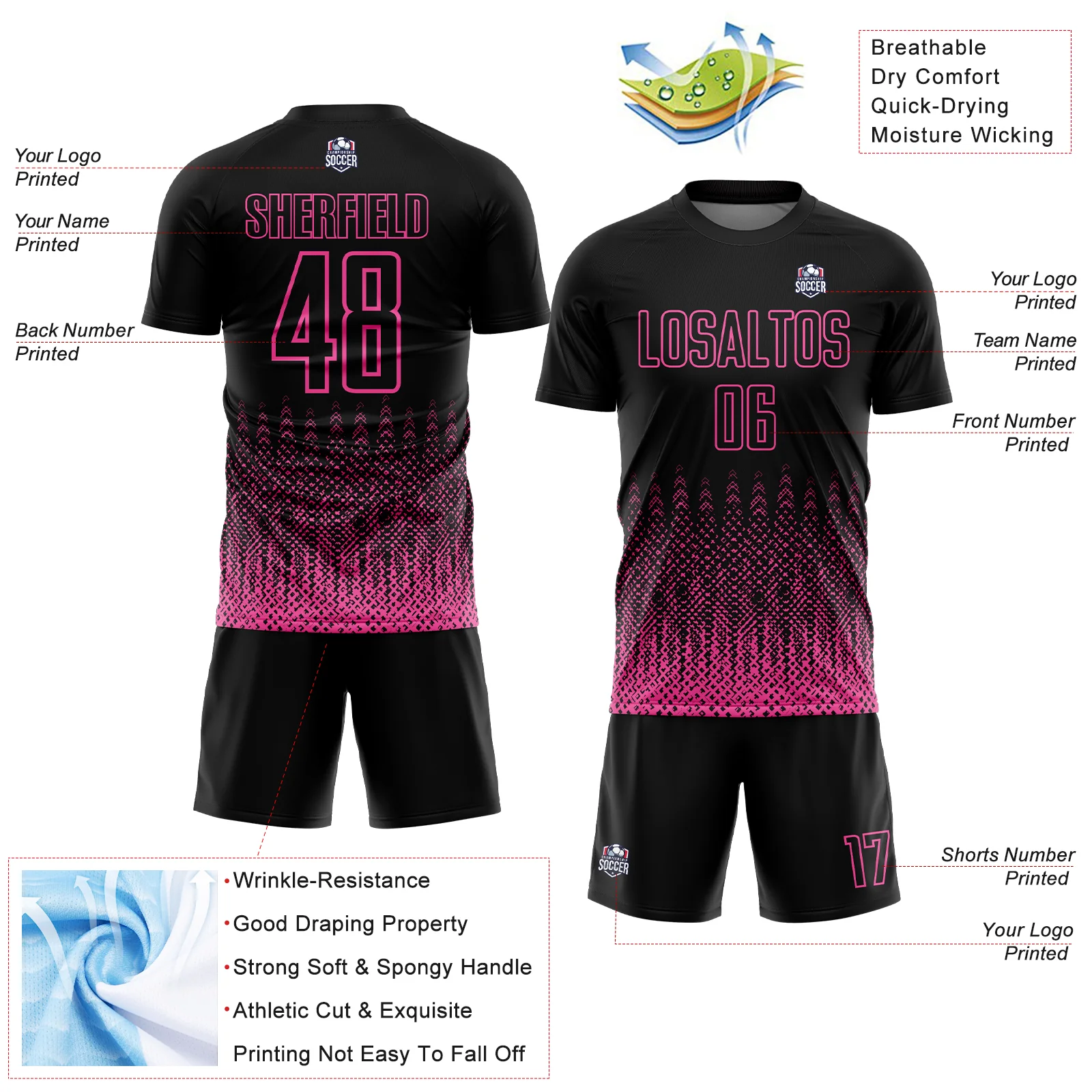 Custom Black Pink Geometric Shape Sublimation Soccer Uniform Jersey - Image 4