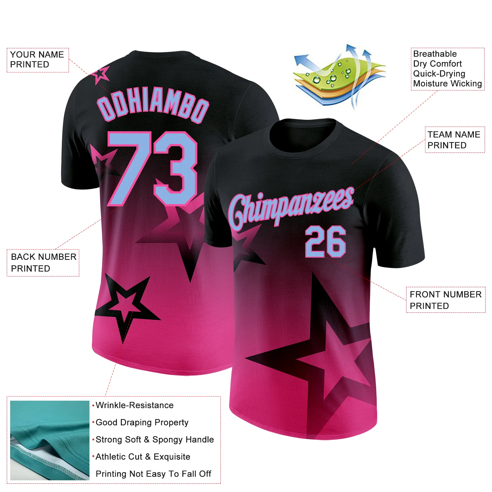 Custom Black Light Blue-Pink 3D Pattern Design Gradient Style Twinkle Star Performance T-Shirt - Image 2