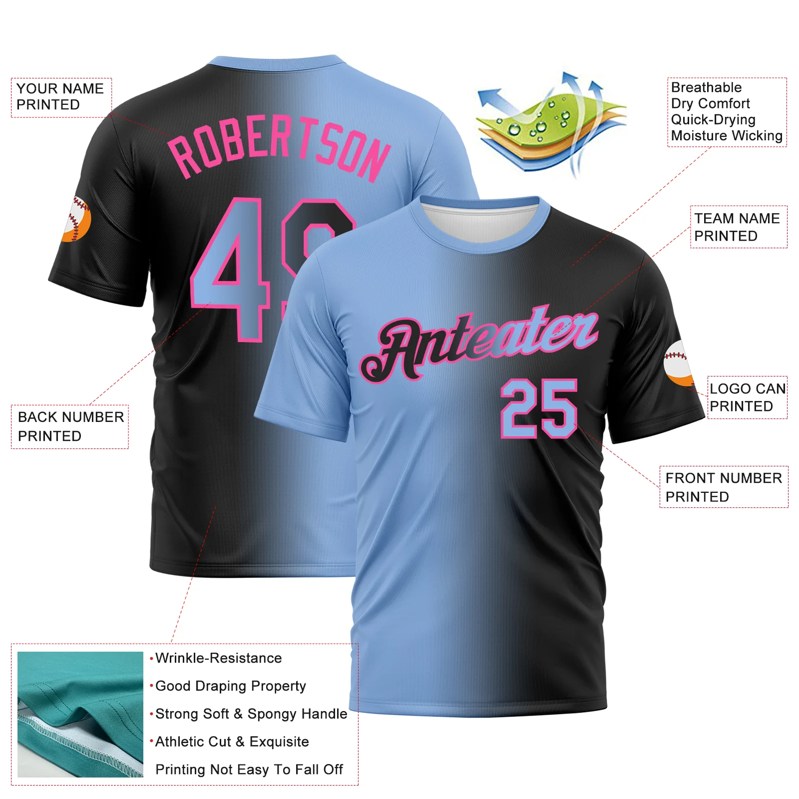Custom Black Light Blue-Pink Gradient Fashion Performance T-Shirt - Image 2